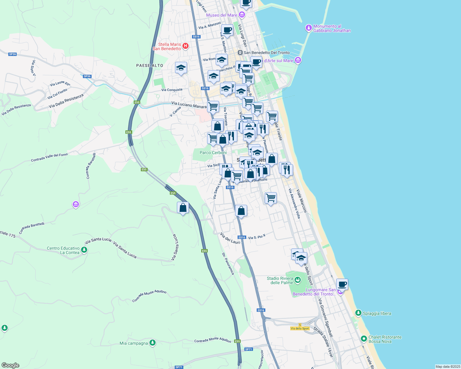 map of restaurants, bars, coffee shops, grocery stores, and more near 19 Via Silvio Pellico in San Benedetto del Tronto