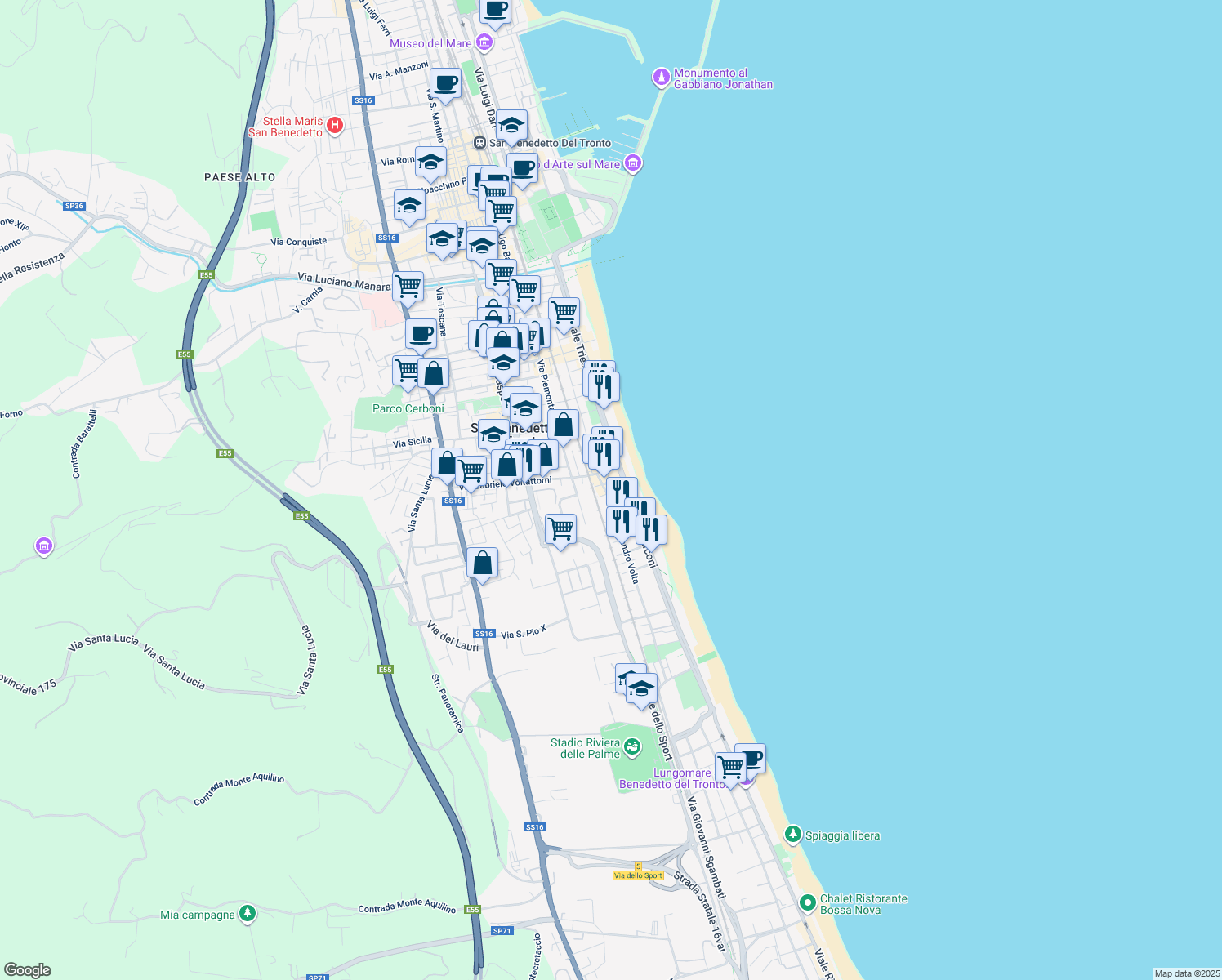 map of restaurants, bars, coffee shops, grocery stores, and more near 43 Via Marco Tullio Cicerone in San Benedetto del Tronto