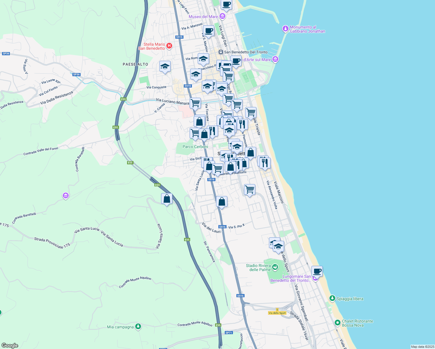 map of restaurants, bars, coffee shops, grocery stores, and more near 19 Via Silvio Pellico in San Benedetto del Tronto