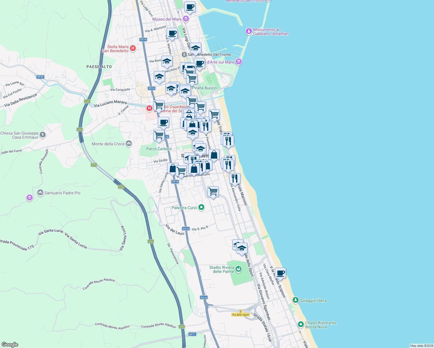 map of restaurants, bars, coffee shops, grocery stores, and more near 9 Via Gabriele Voltattorni in San Benedetto del Tronto