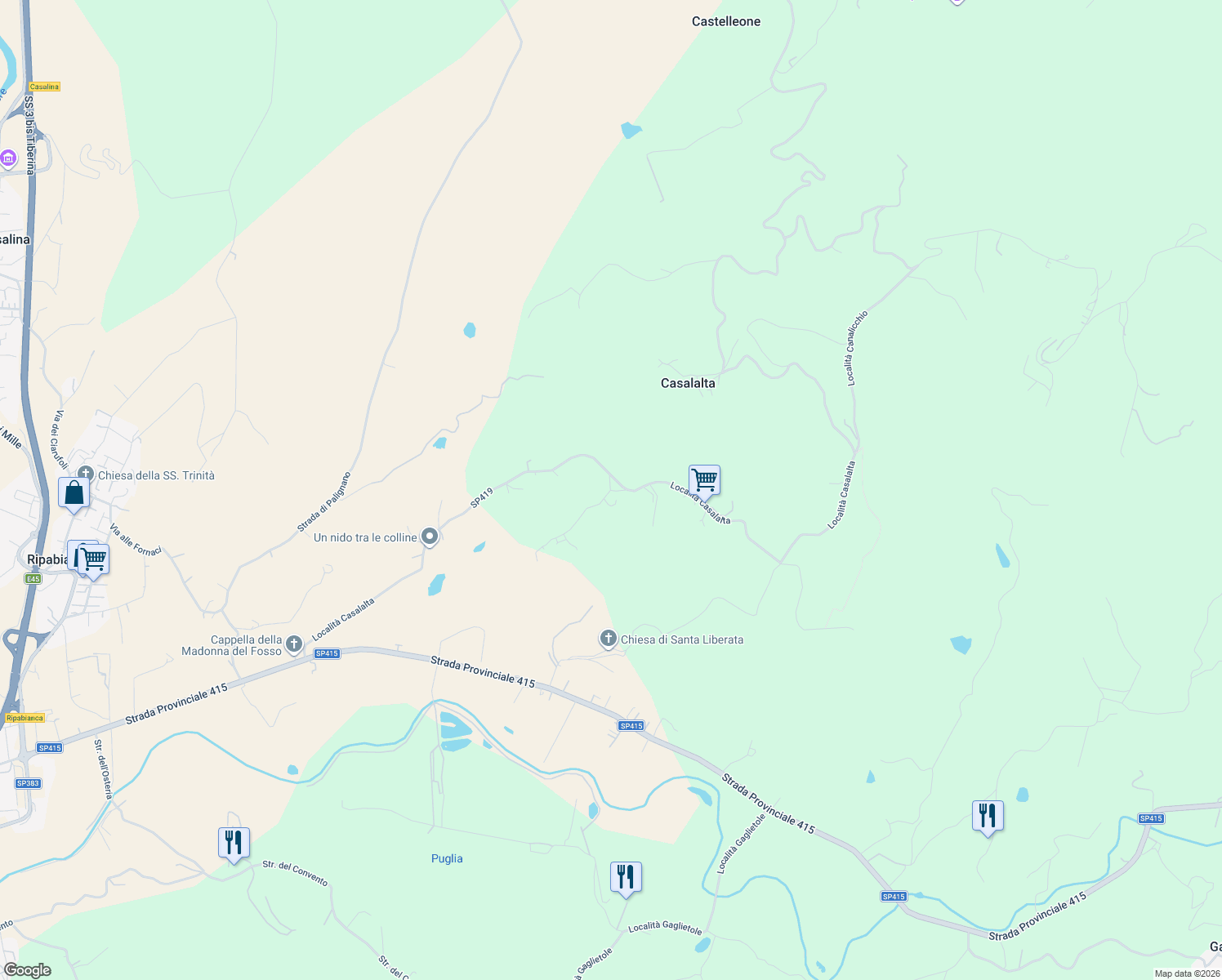 map of restaurants, bars, coffee shops, grocery stores, and more near 65 Località Casalalta in Province of Perugia