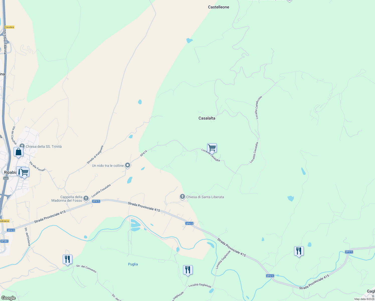 map of restaurants, bars, coffee shops, grocery stores, and more near 65 Località Casalalta in Province of Perugia