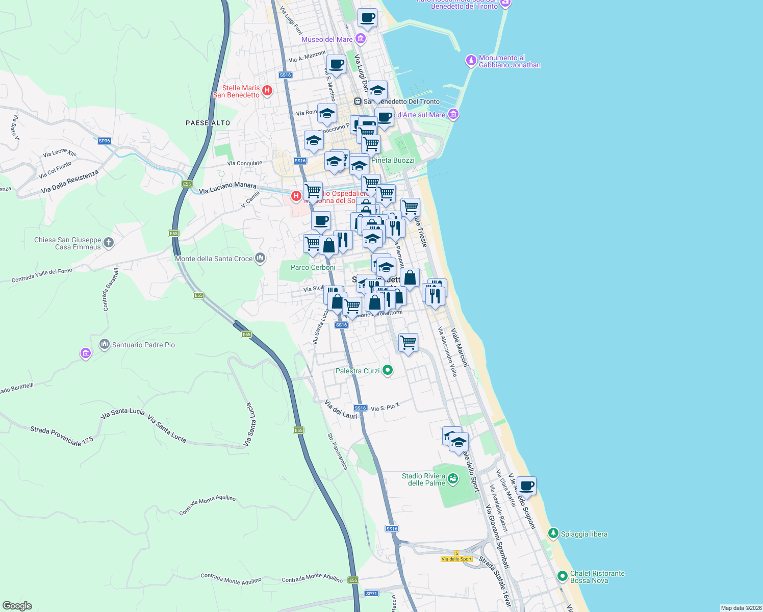 map of restaurants, bars, coffee shops, grocery stores, and more near 134 Viale Alcide de Gasperi in San Benedetto del Tronto