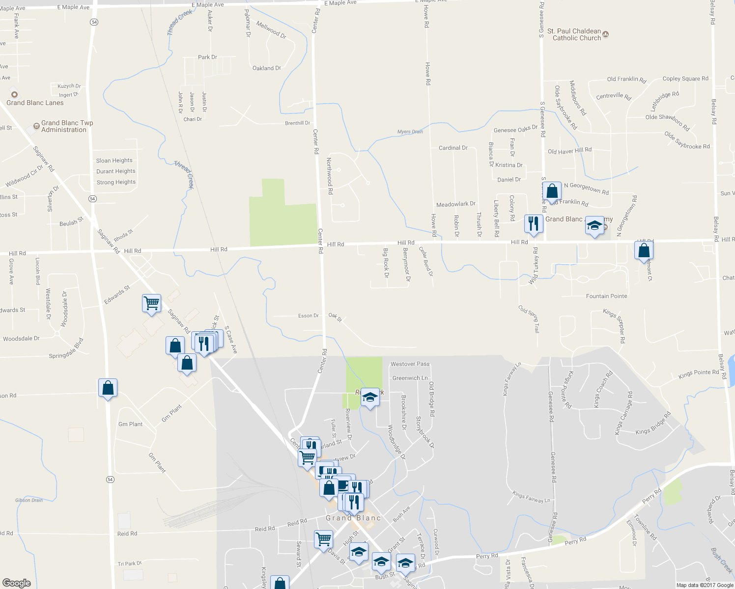 map of restaurants, bars, coffee shops, grocery stores, and more near 4102 Heather Hill Drive in Grand Blanc