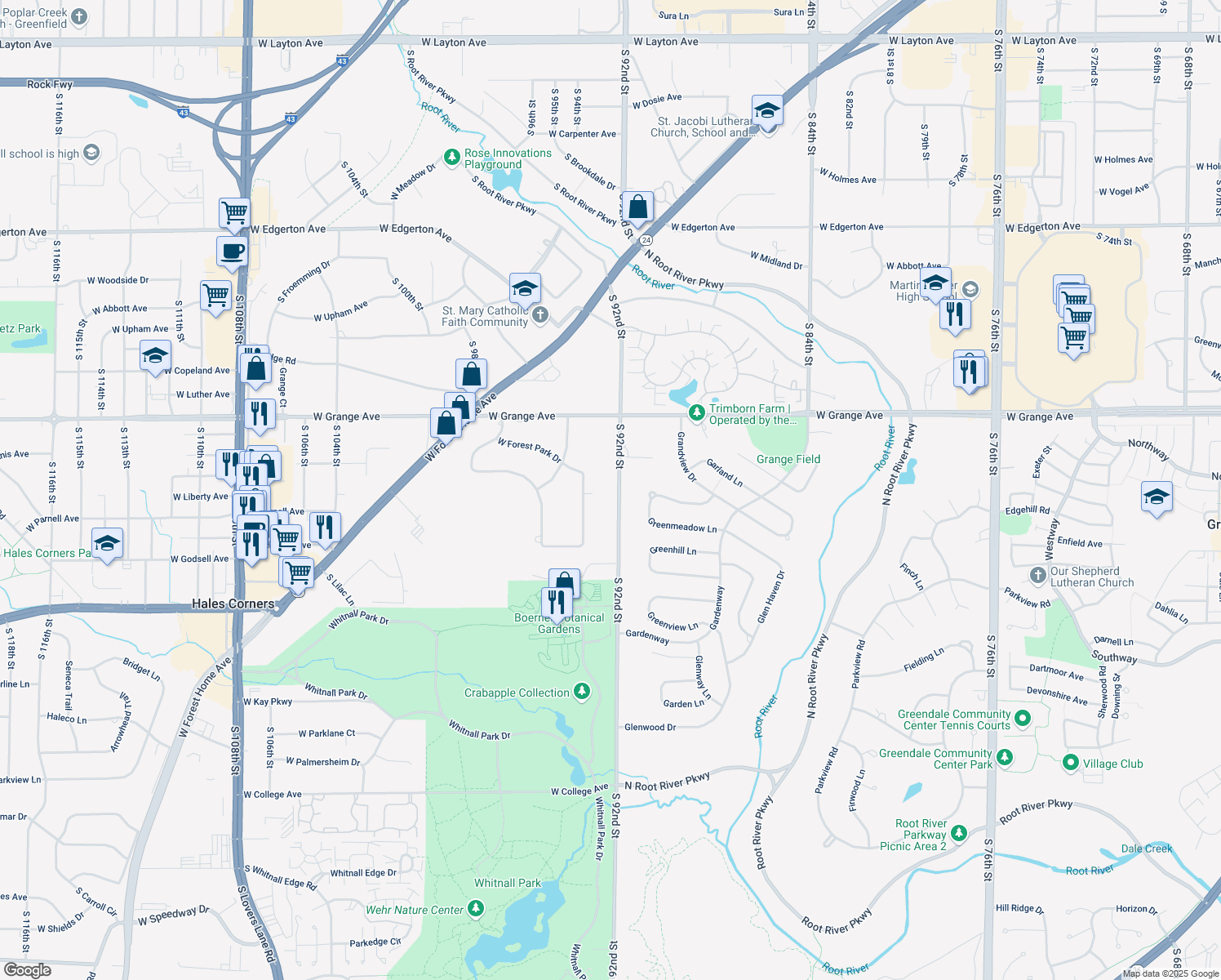 map of restaurants, bars, coffee shops, grocery stores, and more near 5657 South 92nd Street in Hales Corners