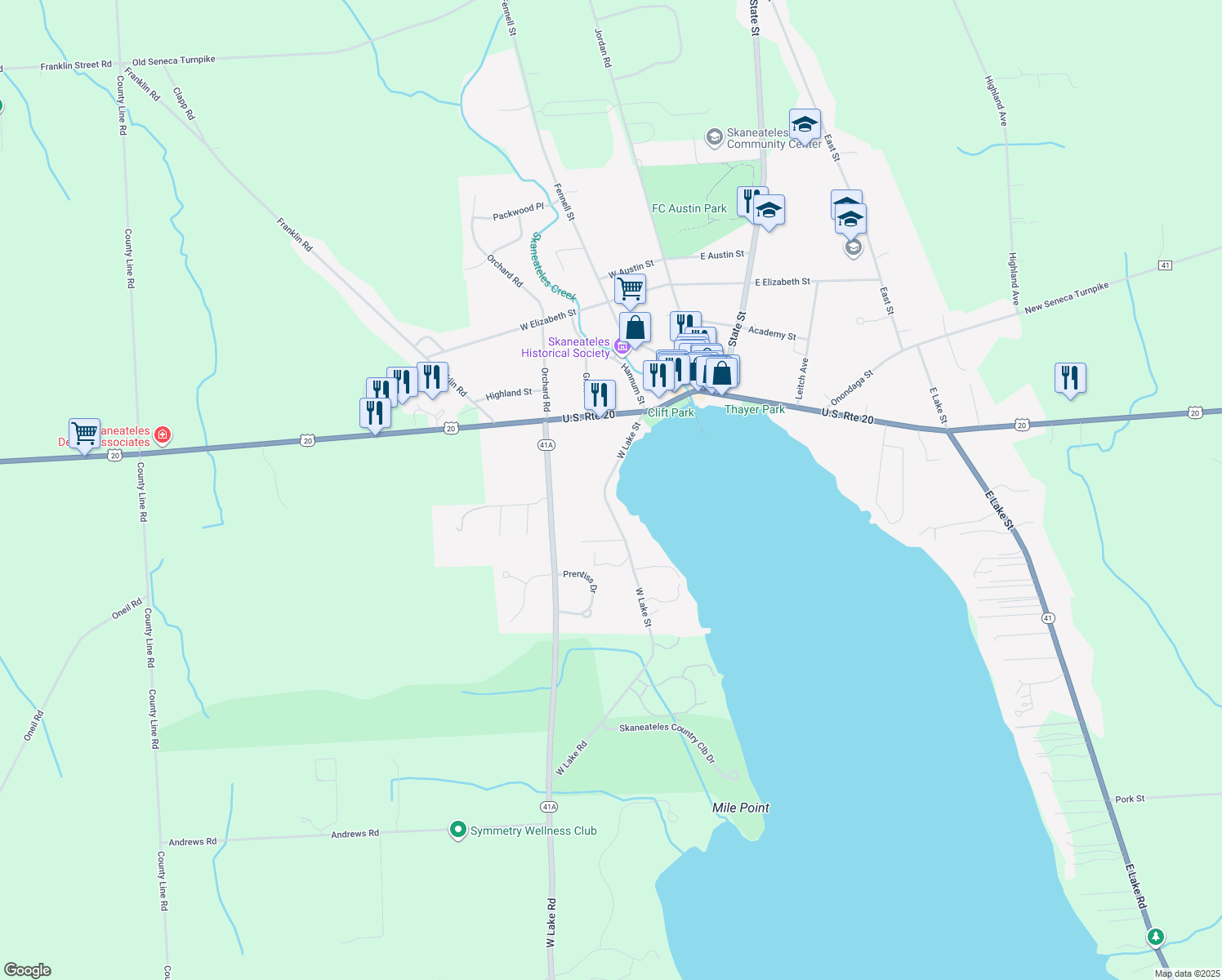 map of restaurants, bars, coffee shops, grocery stores, and more near 39 W Lake St in Skaneateles