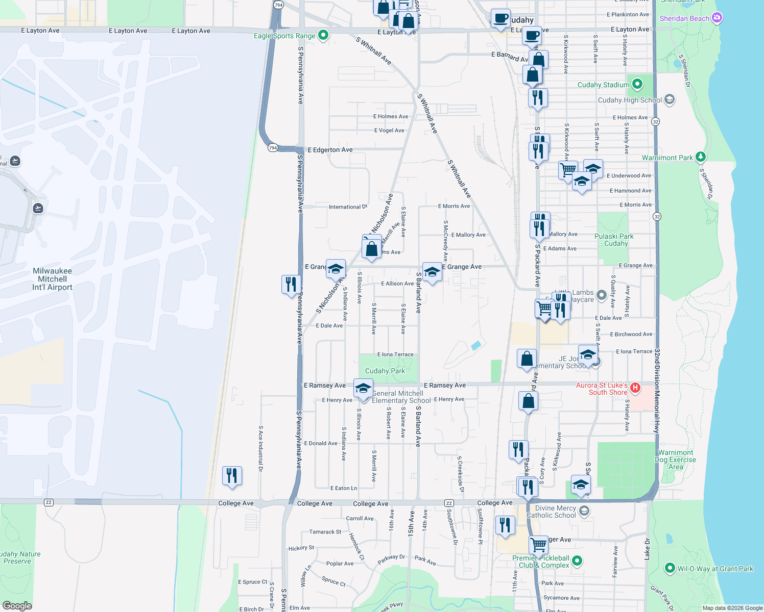 map of restaurants, bars, coffee shops, grocery stores, and more near 2932 East Belsar Avenue in Cudahy