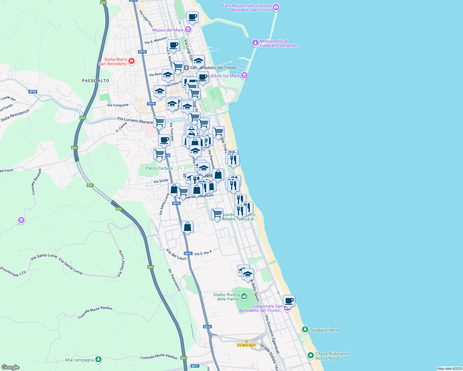 map of restaurants, bars, coffee shops, grocery stores, and more near 10 Via Cornelio Nepote in San Benedetto del Tronto