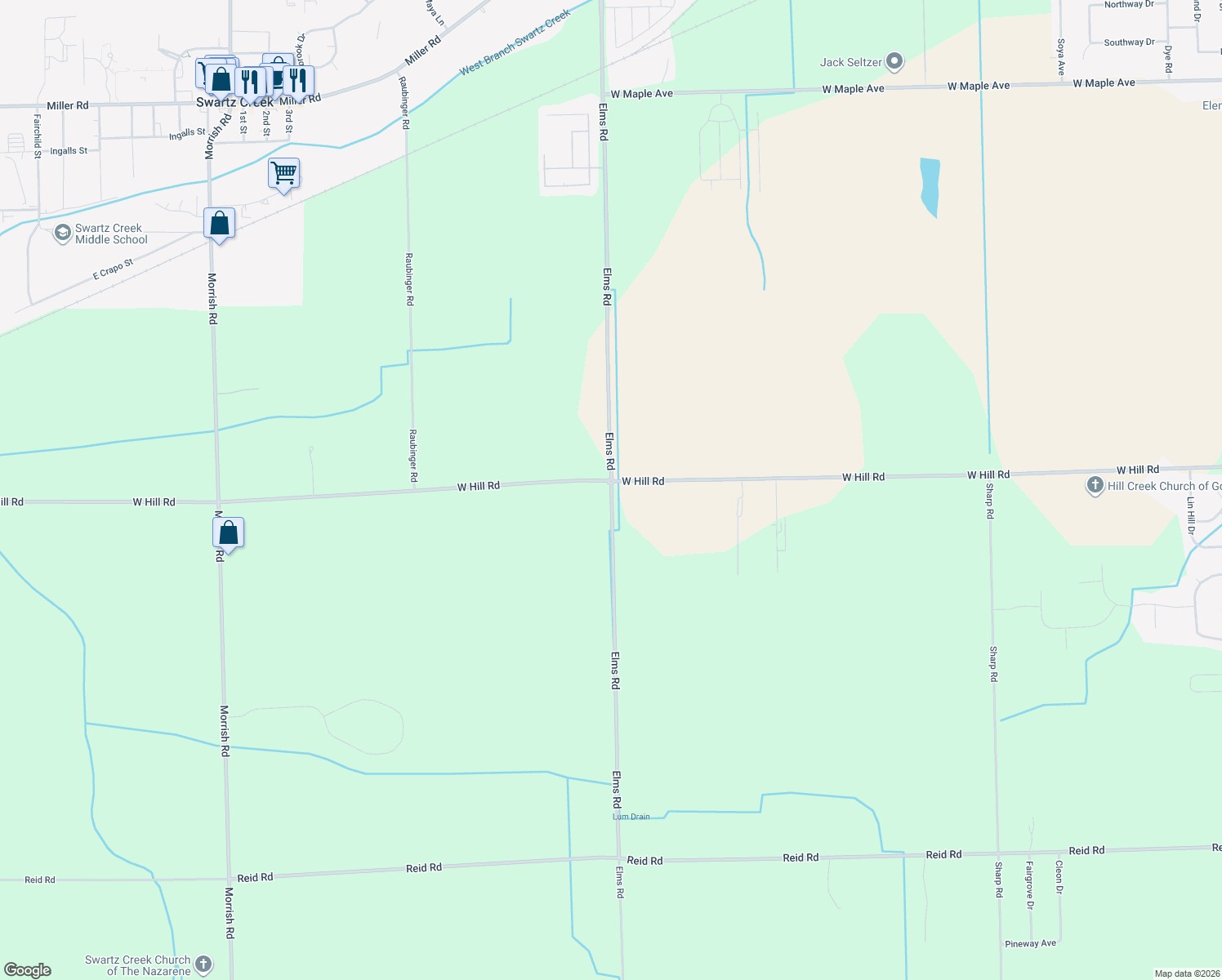 map of restaurants, bars, coffee shops, grocery stores, and more near 6030 Elms Road in Swartz Creek