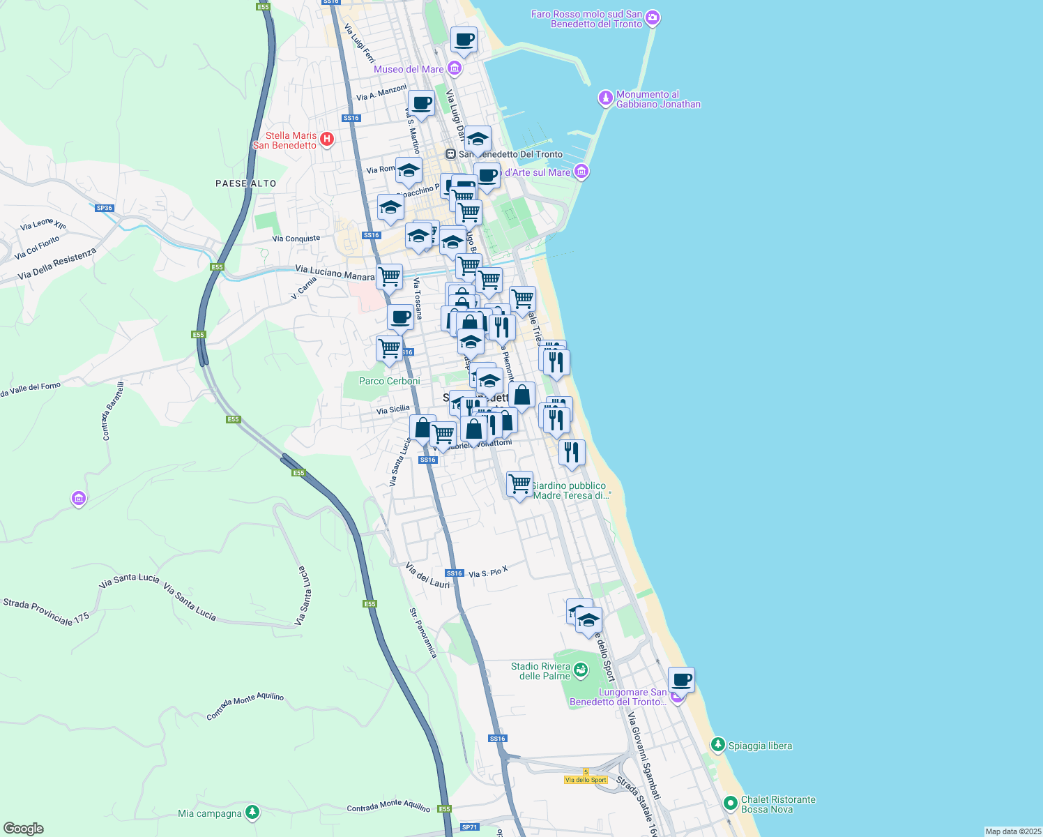 map of restaurants, bars, coffee shops, grocery stores, and more near 9 Via Gabriele Voltattorni in San Benedetto del Tronto