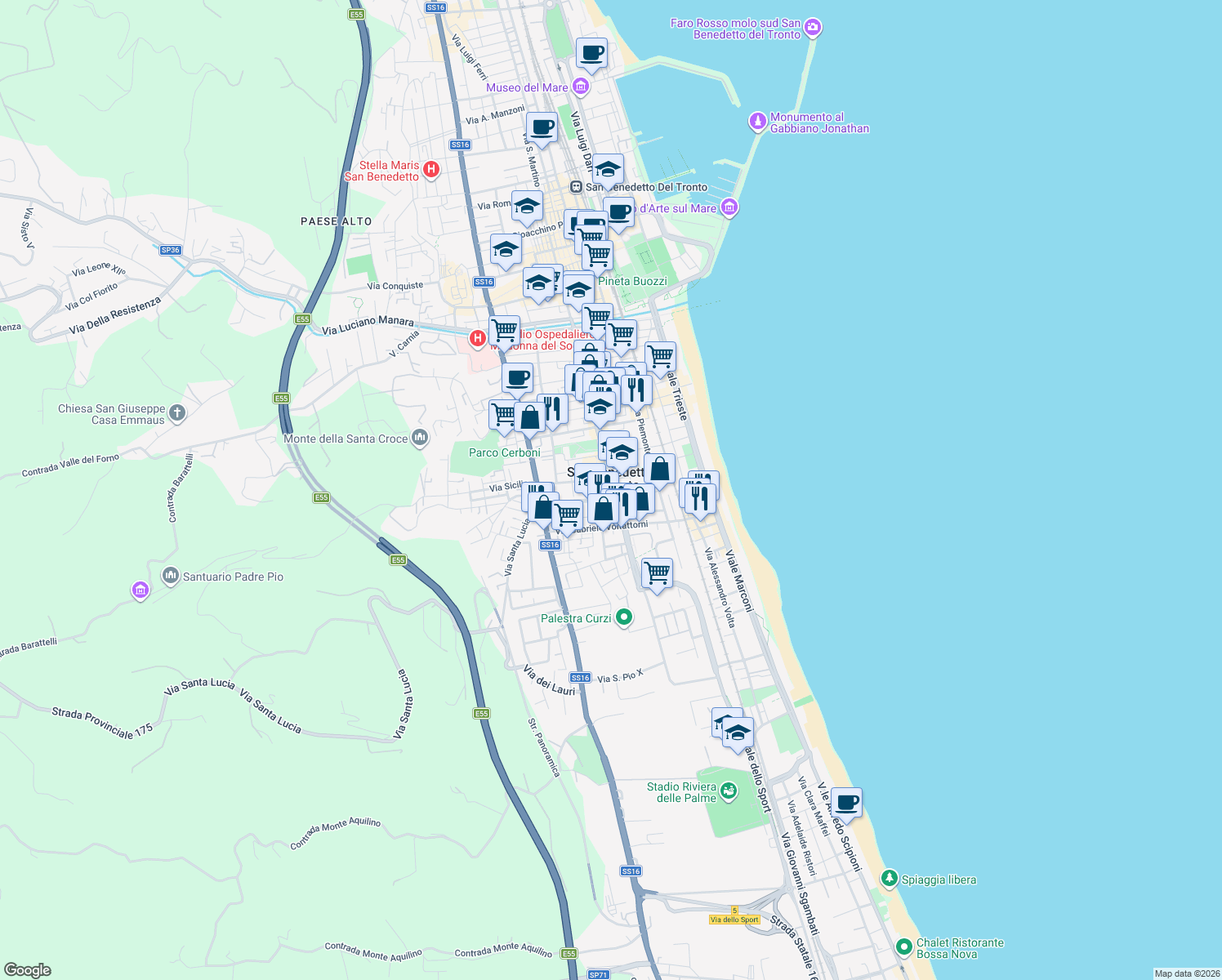 map of restaurants, bars, coffee shops, grocery stores, and more near 134 Viale Alcide de Gasperi in San Benedetto del Tronto