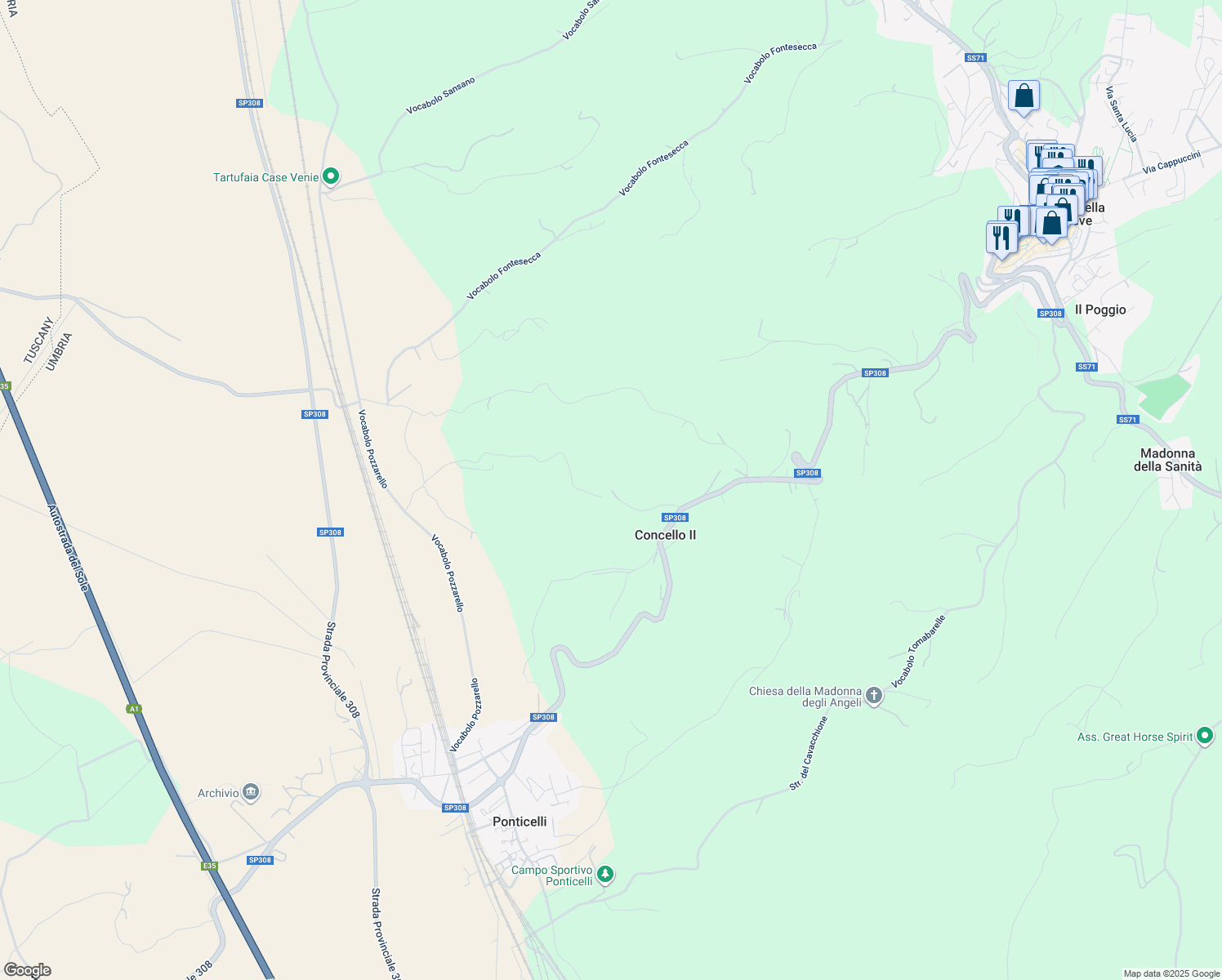 map of restaurants, bars, coffee shops, grocery stores, and more near 10 Vocabolo Cerreto in Provincia di Perugia