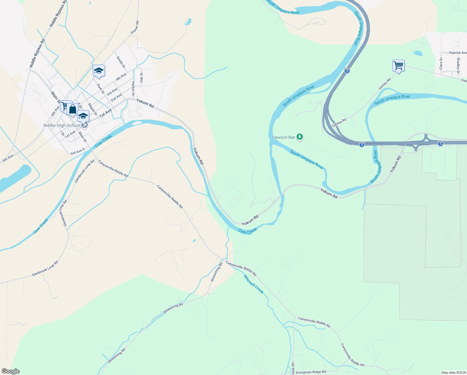 map of restaurants, bars, coffee shops, grocery stores, and more near 322 Winter Green Drive in Riddle