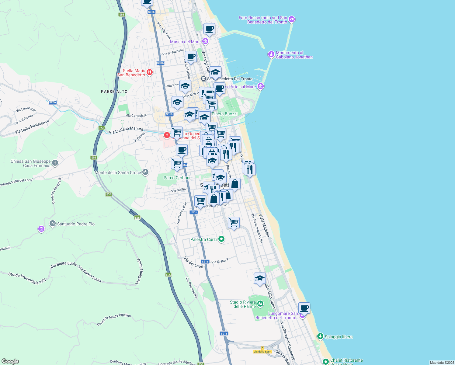 map of restaurants, bars, coffee shops, grocery stores, and more near 121 Via Asiago in San Benedetto del Tronto