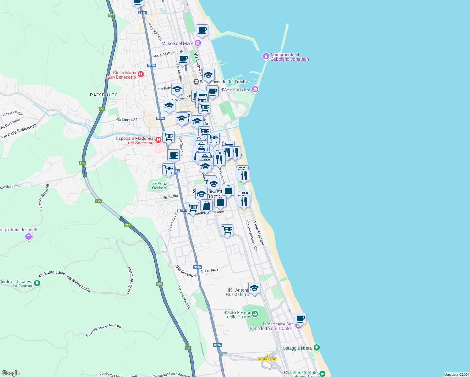 map of restaurants, bars, coffee shops, grocery stores, and more near 124 Via Trento in San Benedetto del Tronto