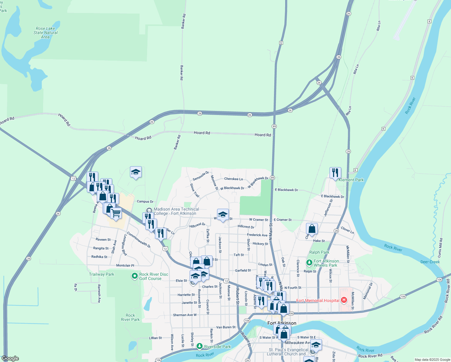 map of restaurants, bars, coffee shops, grocery stores, and more near 505 Cherokee Ln in Fort Atkinson
