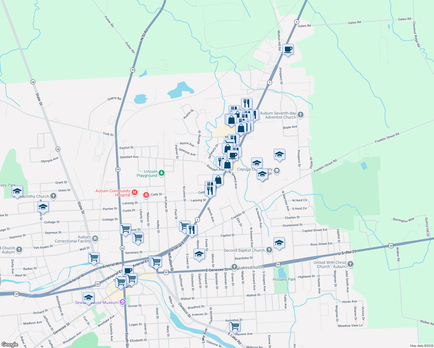 map of restaurants, bars, coffee shops, grocery stores, and more near 143 Grant Avenue in Auburn