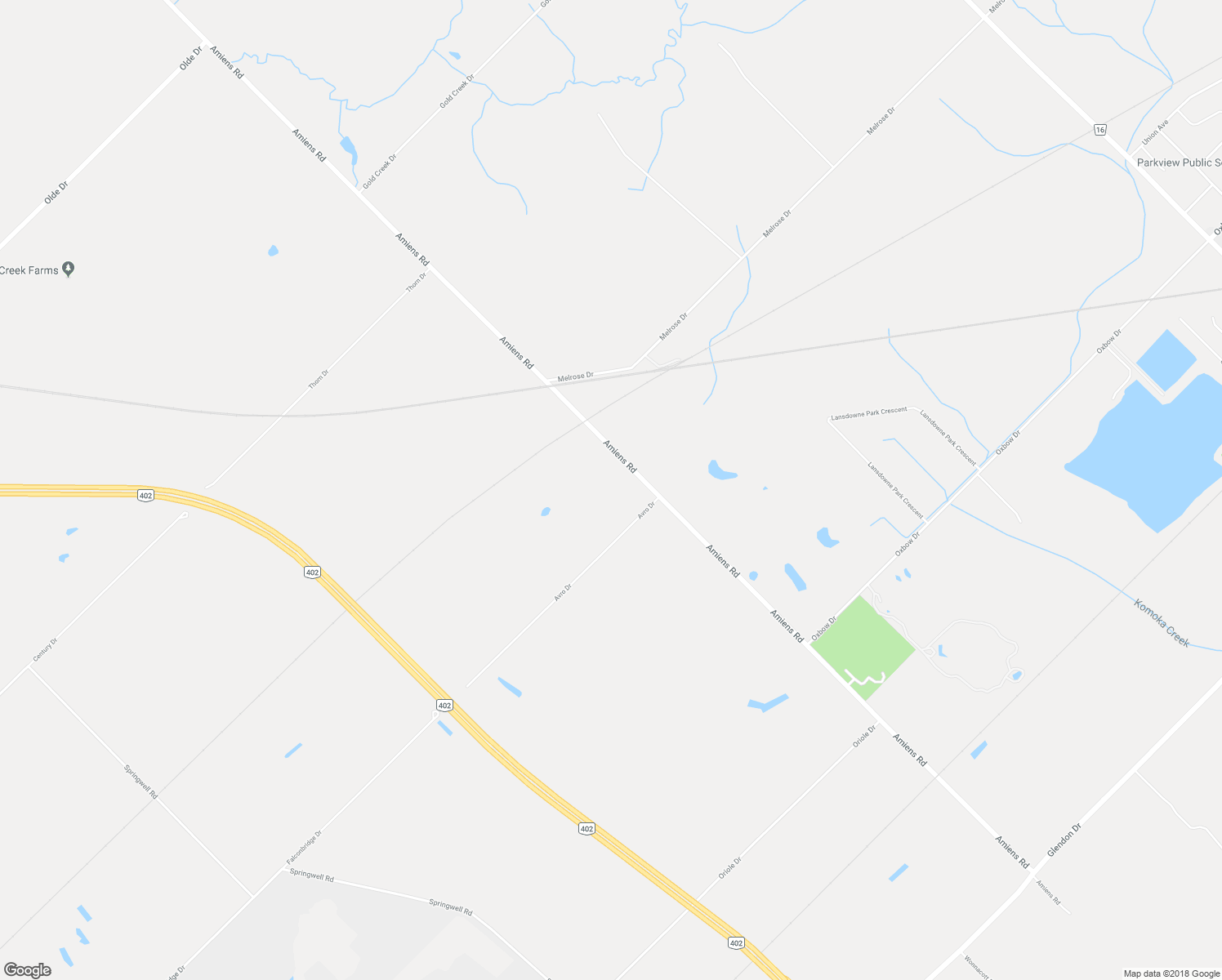 map of restaurants, bars, coffee shops, grocery stores, and more near 23067 Amiens Road in Mount Brydges