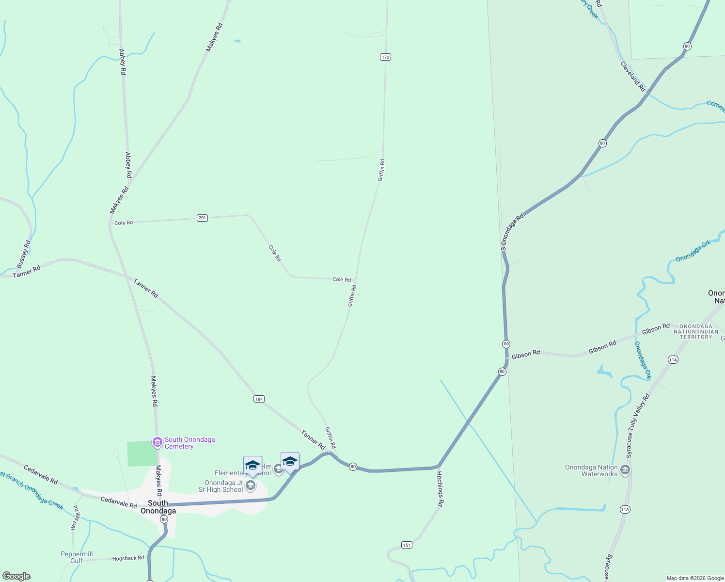 map of restaurants, bars, coffee shops, grocery stores, and more near 3600 Griffin Road in Syracuse