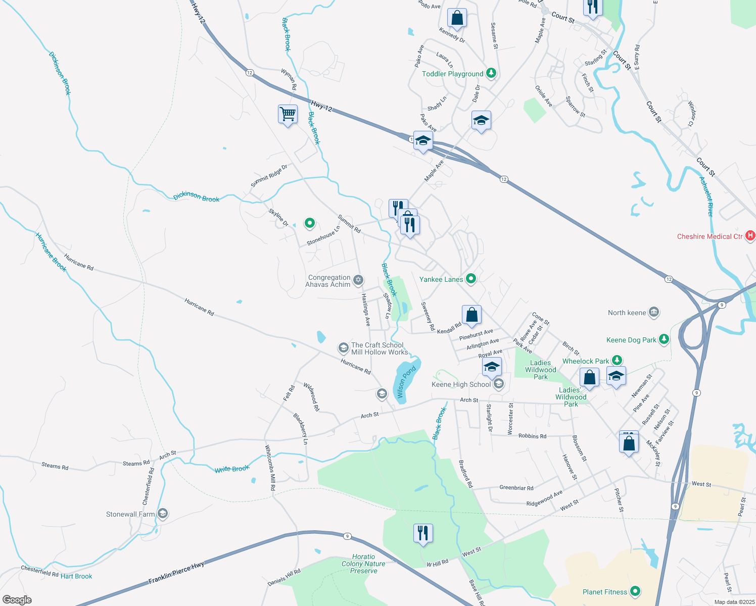 map of restaurants, bars, coffee shops, grocery stores, and more near 5 Westlund Avenue in Keene