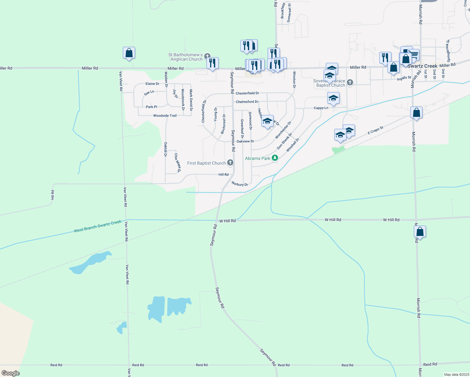 map of restaurants, bars, coffee shops, grocery stores, and more near 9171 Norbury Dr in Swartz Creek