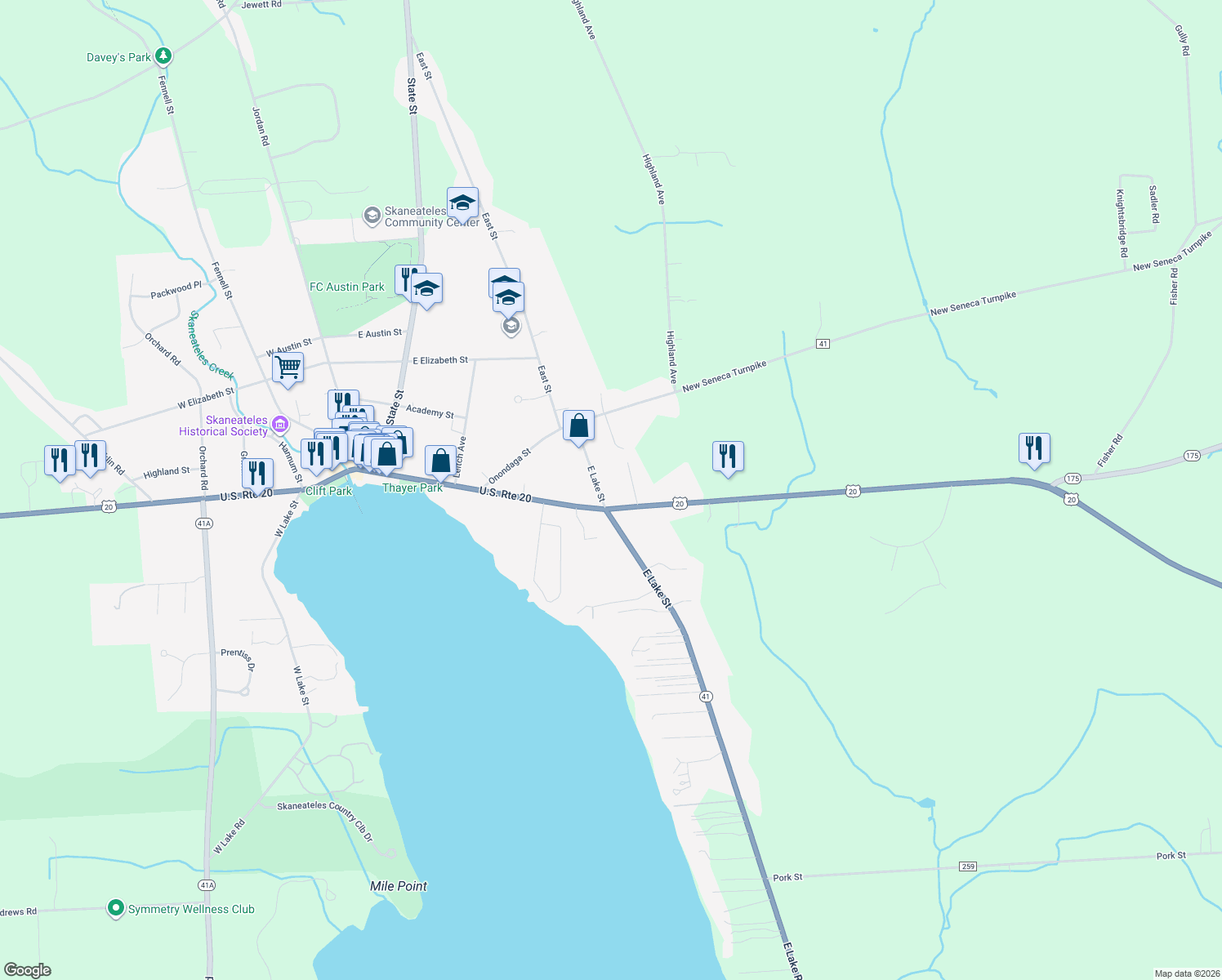 map of restaurants, bars, coffee shops, grocery stores, and more near 25 East Lake Street in Skaneateles