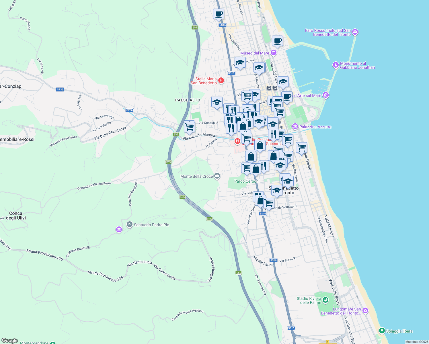 map of restaurants, bars, coffee shops, grocery stores, and more near 1 Contrada Valle del Forno in San Benedetto del Tronto