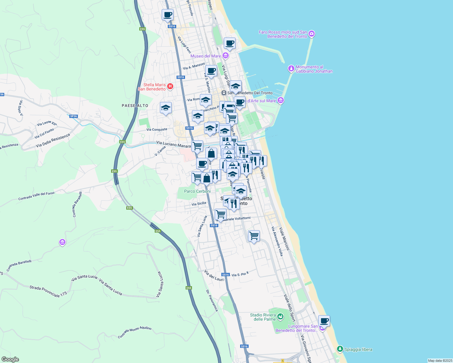 map of restaurants, bars, coffee shops, grocery stores, and more near 17 Via Monte San Michele in San Benedetto del Tronto