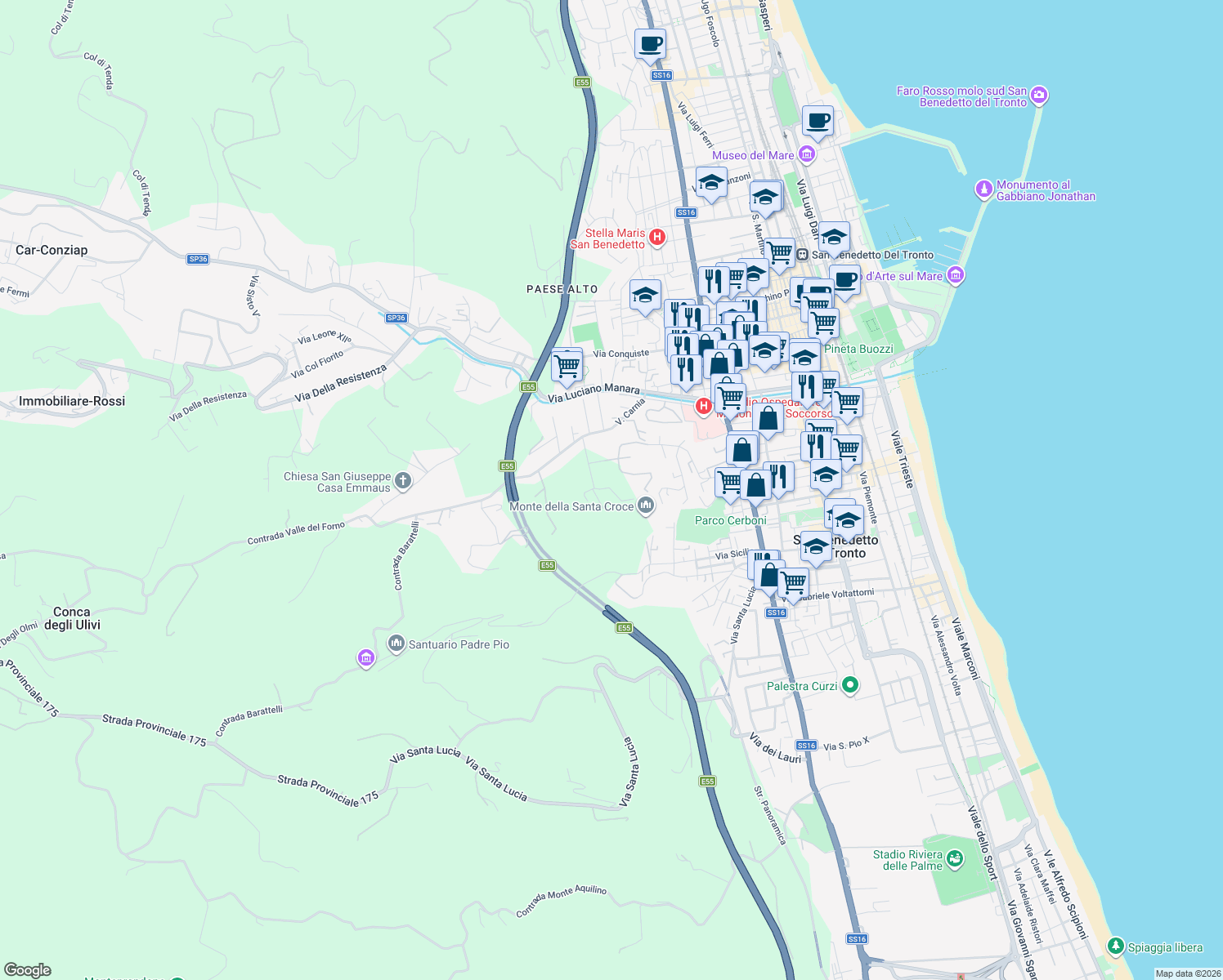 map of restaurants, bars, coffee shops, grocery stores, and more near 1 Contrada Valle del Forno in San Benedetto del Tronto