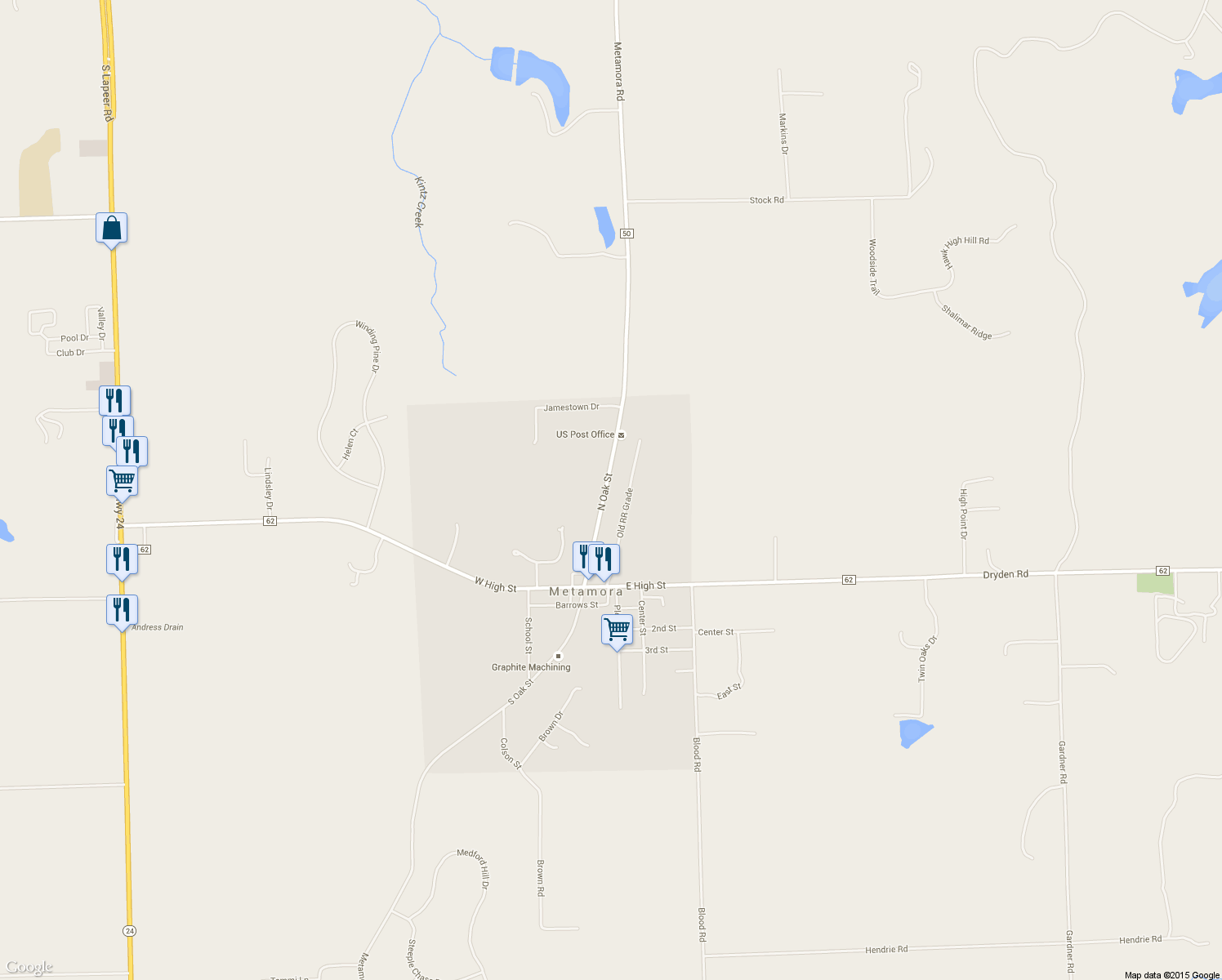 map of restaurants, bars, coffee shops, grocery stores, and more near 3877 North Oak Street in Metamora