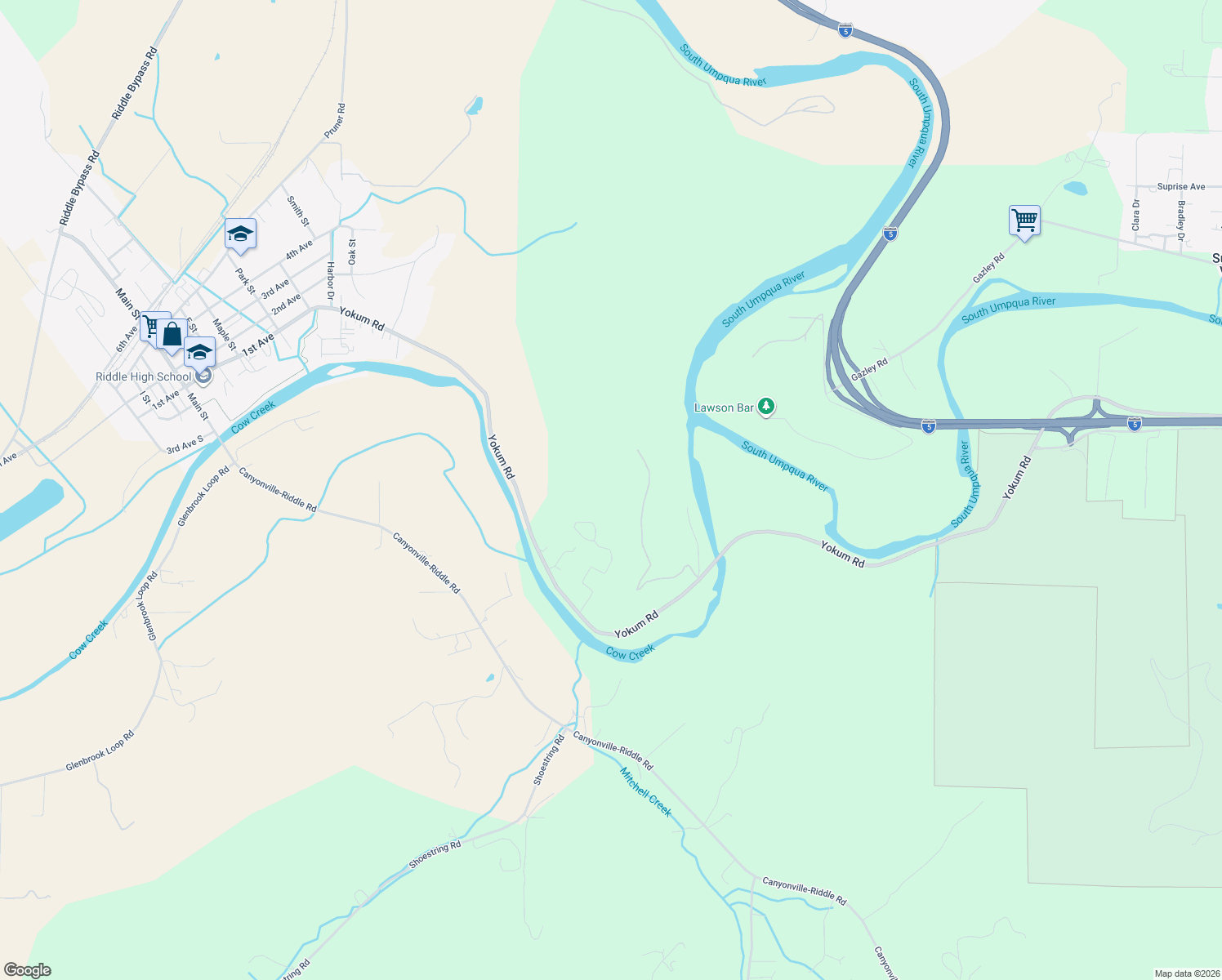 map of restaurants, bars, coffee shops, grocery stores, and more near 322 Winter Green Drive in Riddle