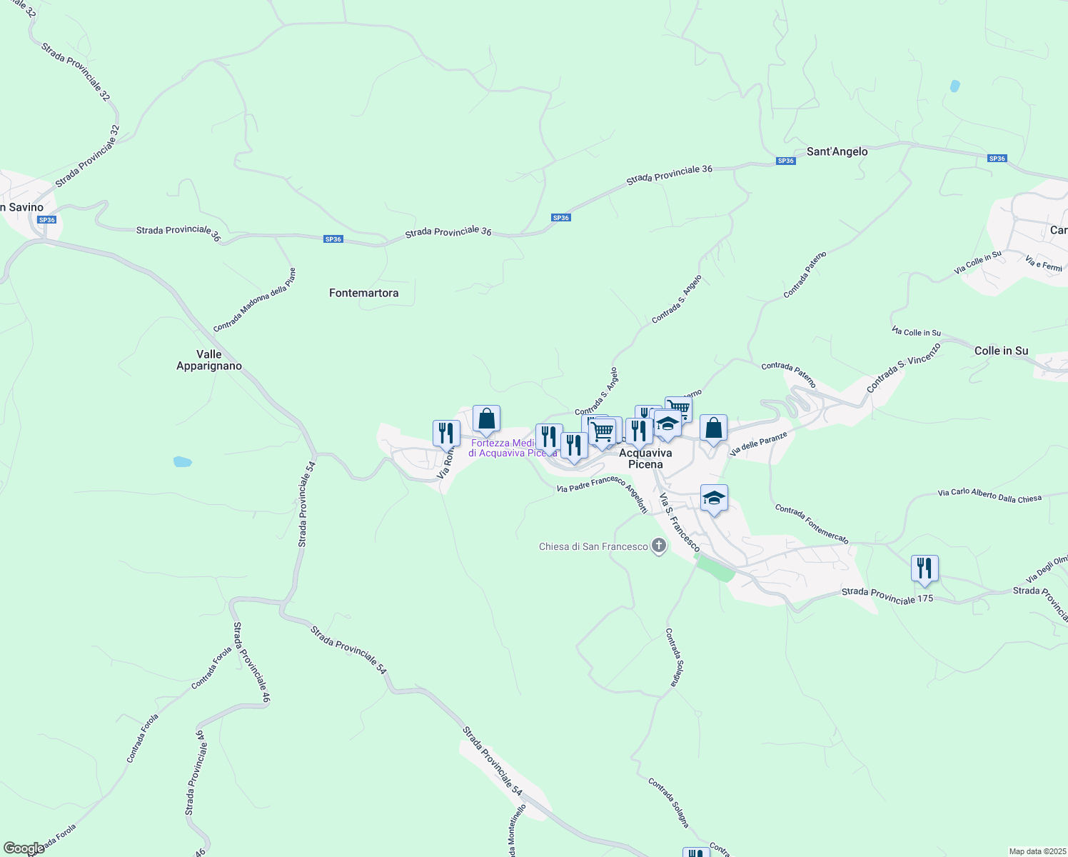 map of restaurants, bars, coffee shops, grocery stores, and more near 2 Contrada San Angelo in Provincia di Ascoli Piceno