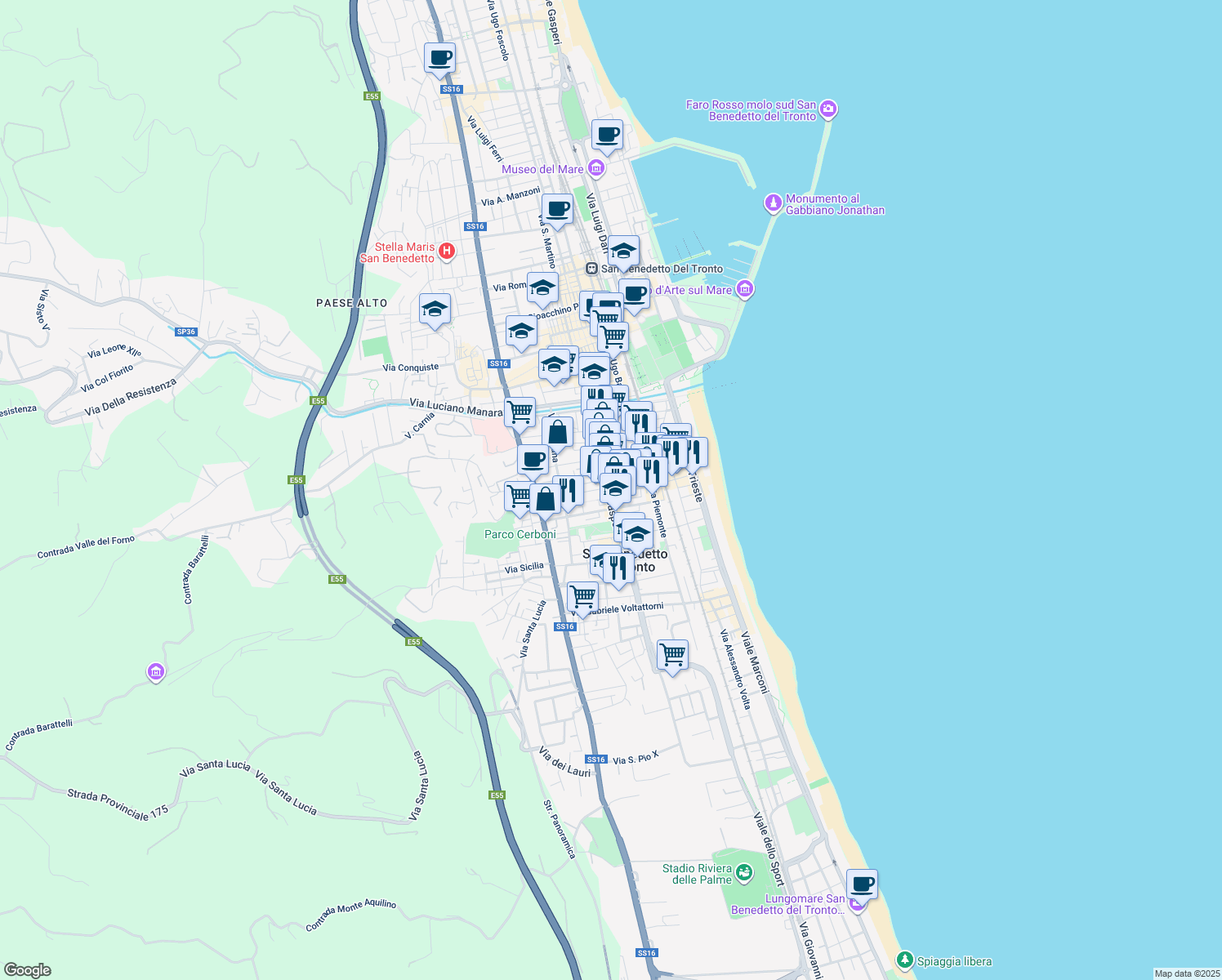 map of restaurants, bars, coffee shops, grocery stores, and more near 17 Via Monte San Michele in San Benedetto del Tronto
