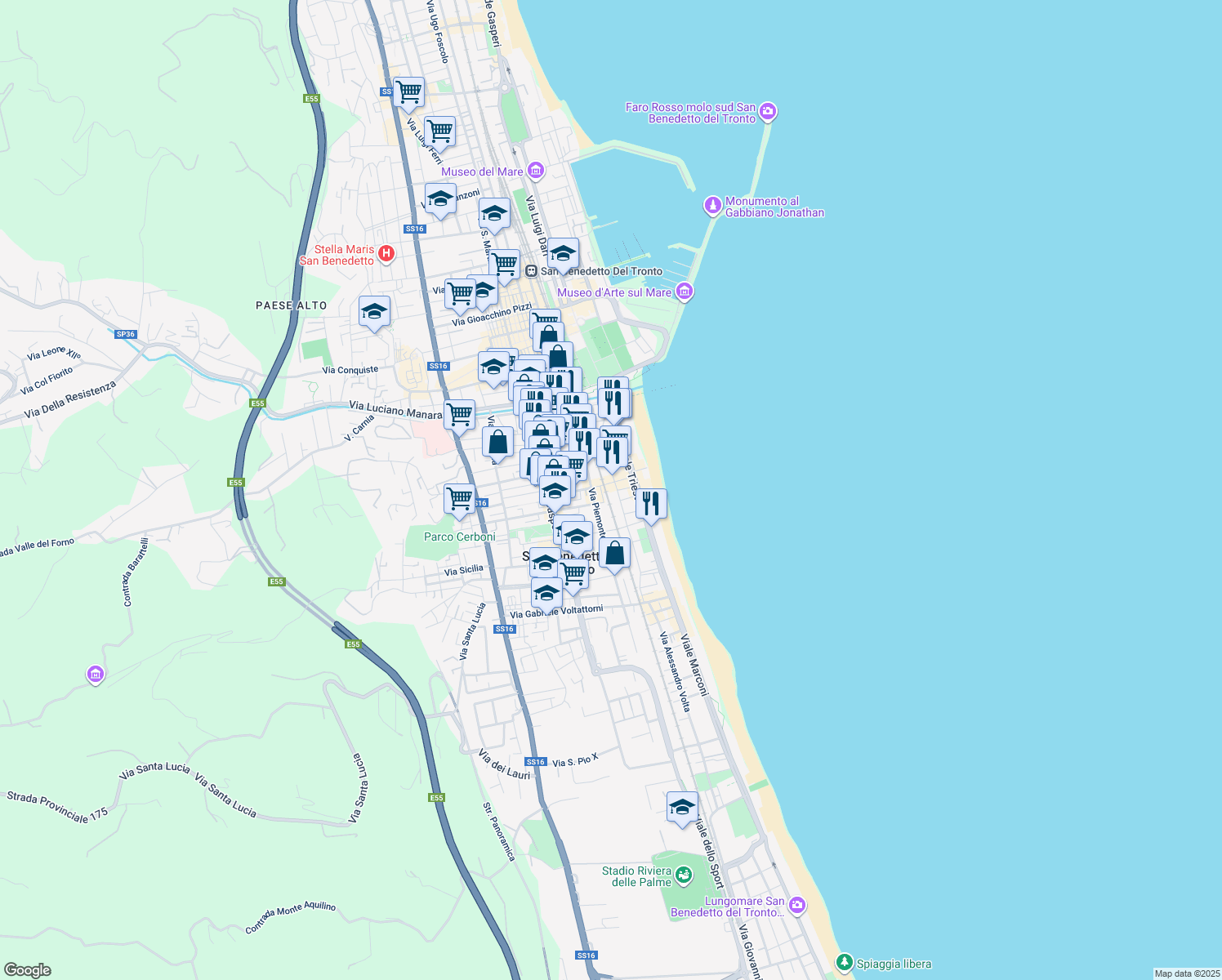 map of restaurants, bars, coffee shops, grocery stores, and more near 93 Via Piemonte in San Benedetto del Tronto
