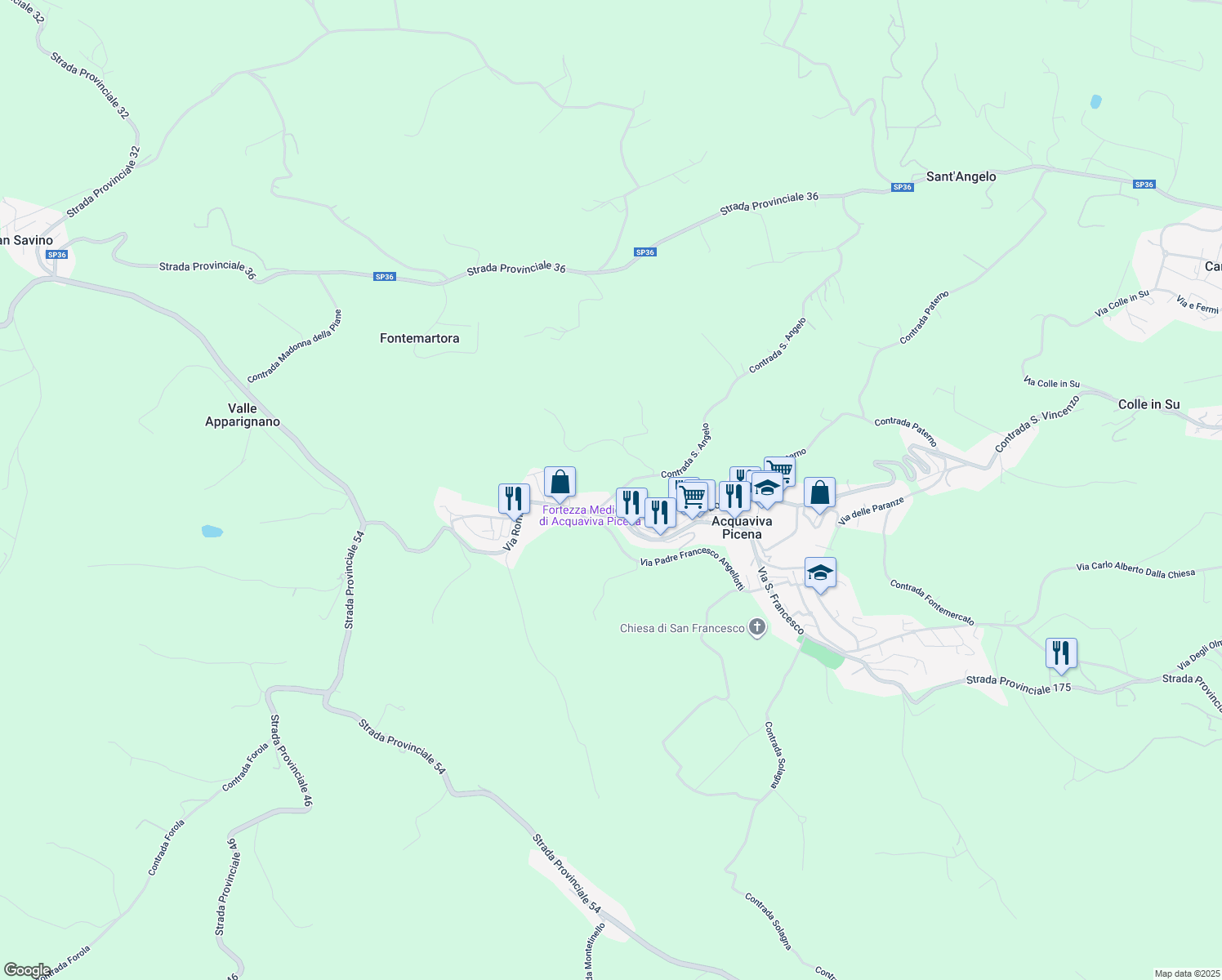 map of restaurants, bars, coffee shops, grocery stores, and more near 2 Contrada San Angelo in Provincia di Ascoli Piceno
