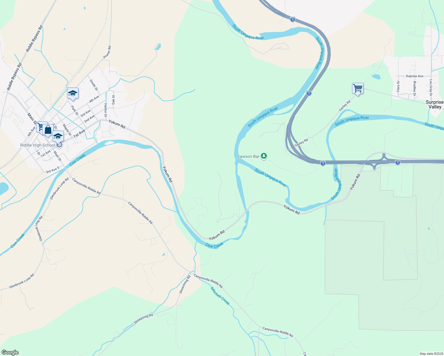 map of restaurants, bars, coffee shops, grocery stores, and more near 1263 Yokum Road in Riddle