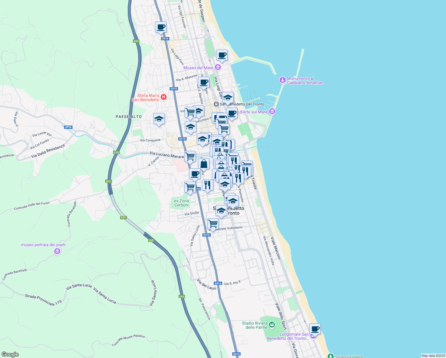 map of restaurants, bars, coffee shops, grocery stores, and more near 95A Viale Alcide De Gasperi in San Benedetto del Tronto