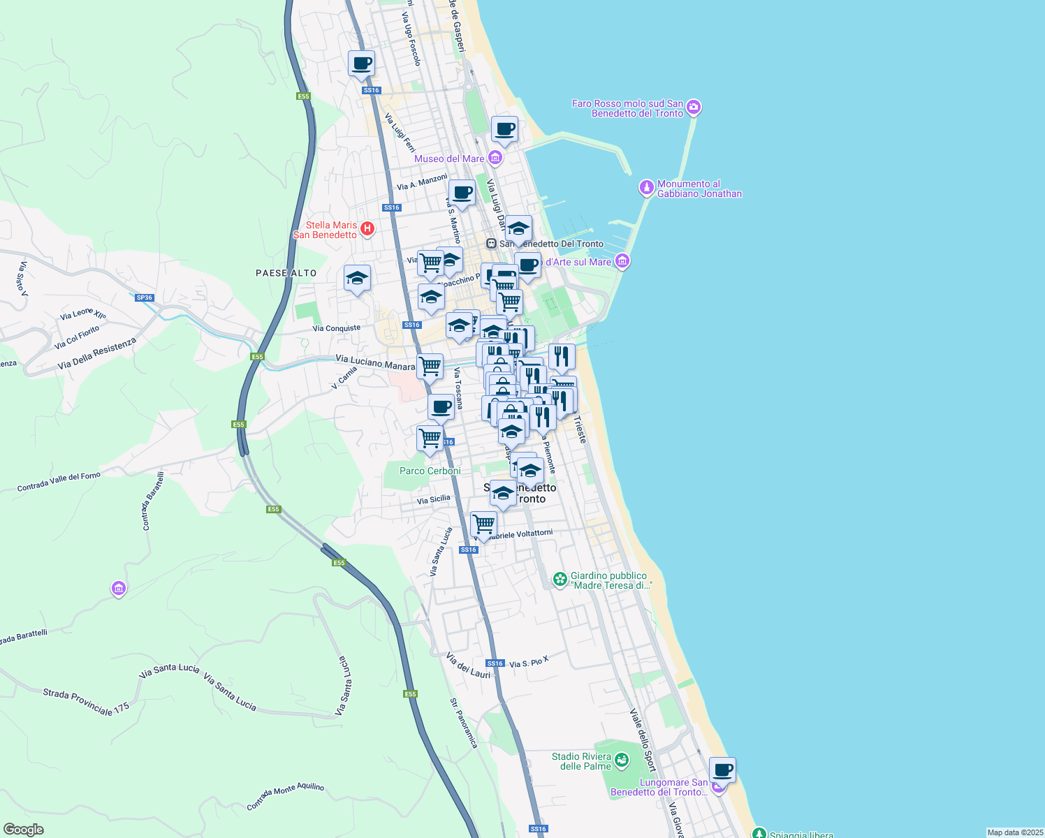 map of restaurants, bars, coffee shops, grocery stores, and more near 77 Via Umbria in San Benedetto del Tronto
