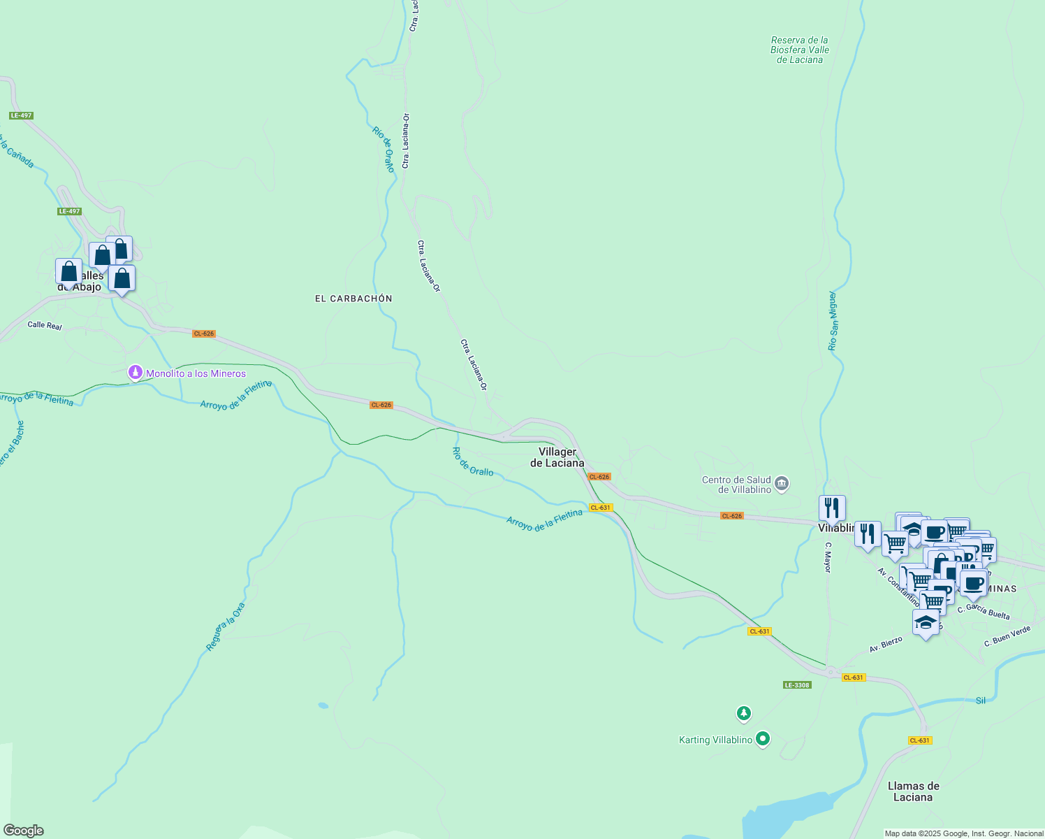 map of restaurants, bars, coffee shops, grocery stores, and more near 74 CL-626 in Villablino