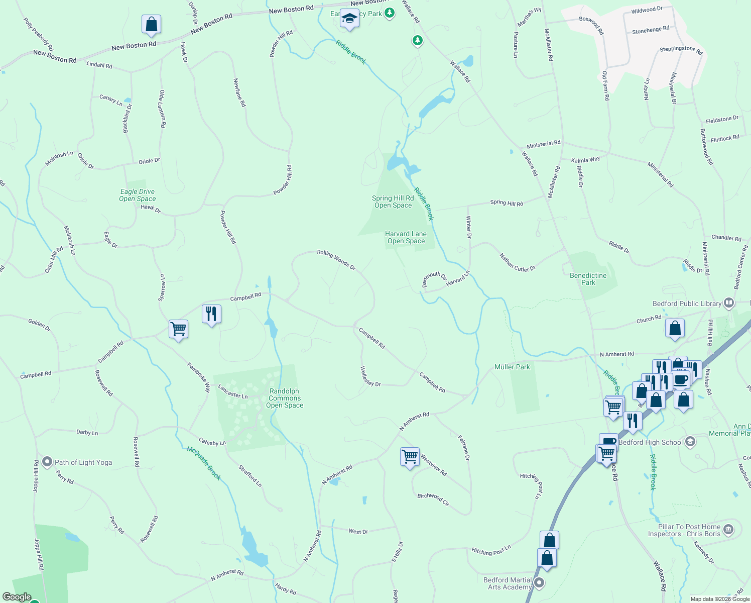 map of restaurants, bars, coffee shops, grocery stores, and more near 15 Rolling Woods Drive in Bedford