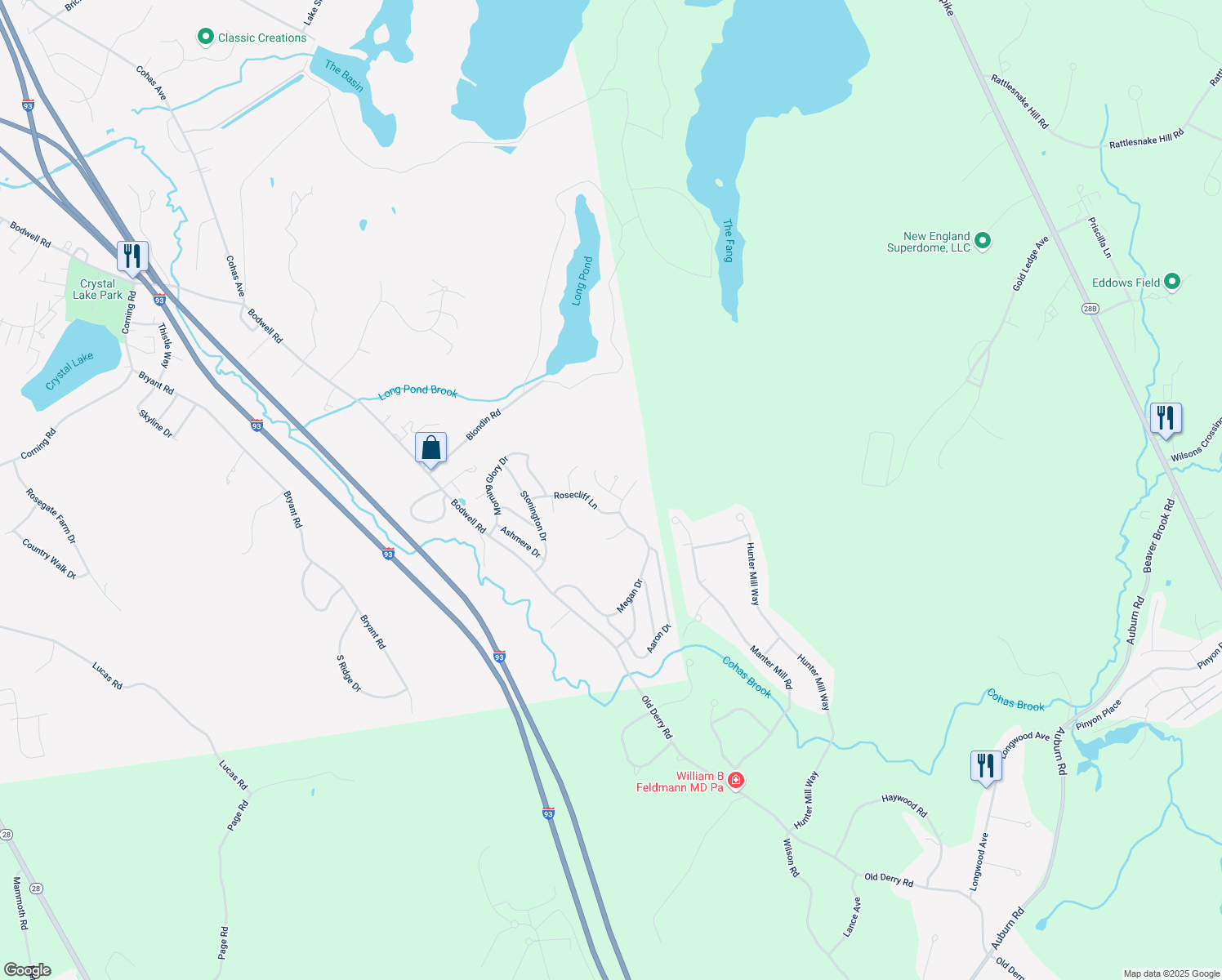 map of restaurants, bars, coffee shops, grocery stores, and more near 9 Karine Ln in Manchester