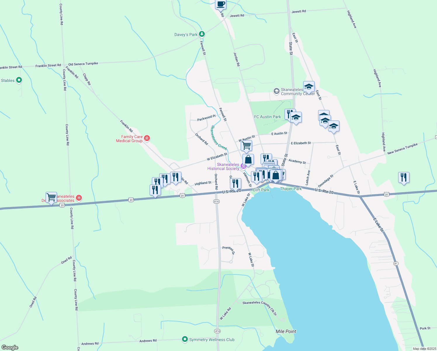 map of restaurants, bars, coffee shops, grocery stores, and more near 18 Orchard Rd in Skaneateles