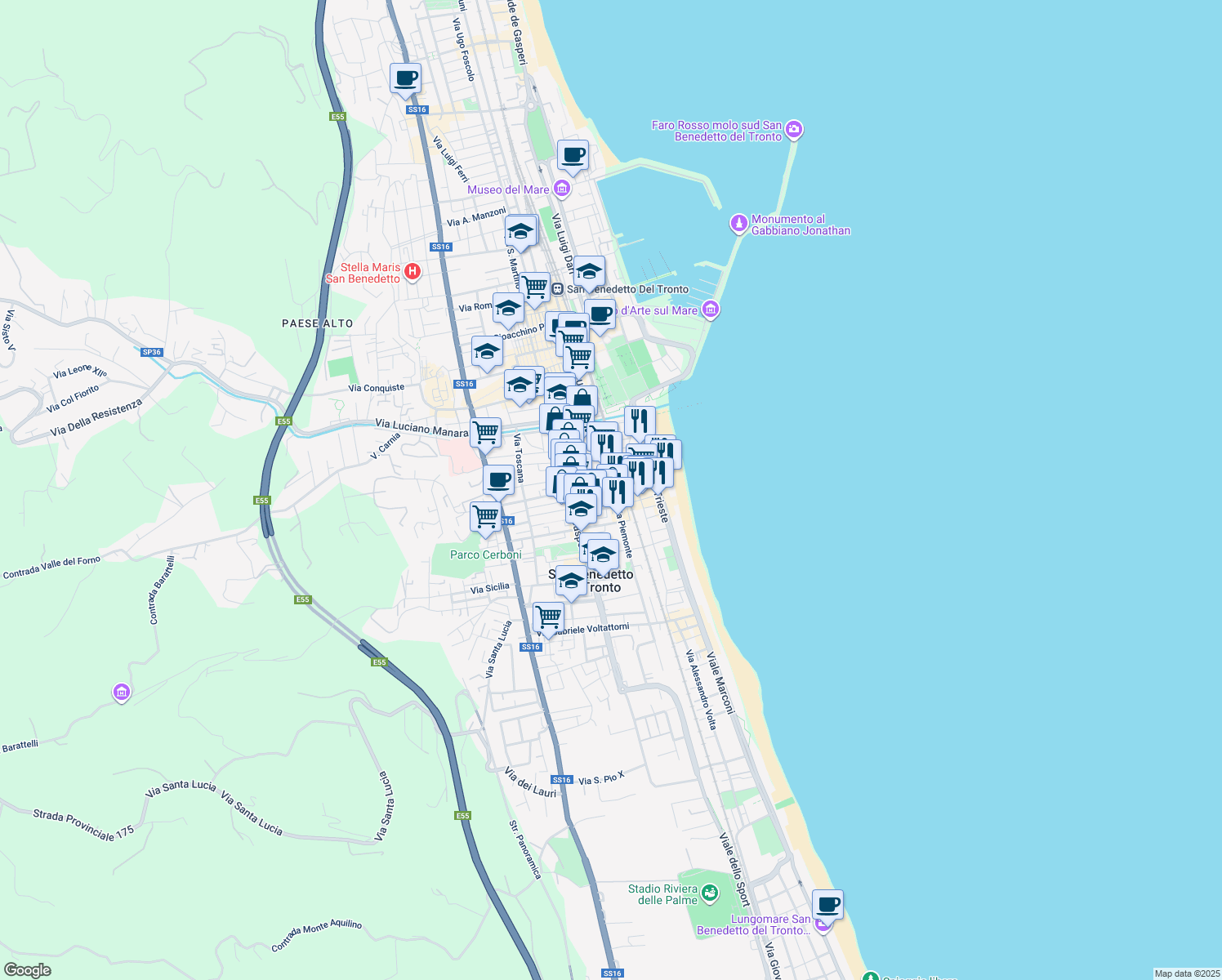 map of restaurants, bars, coffee shops, grocery stores, and more near 93 Via Piemonte in San Benedetto del Tronto