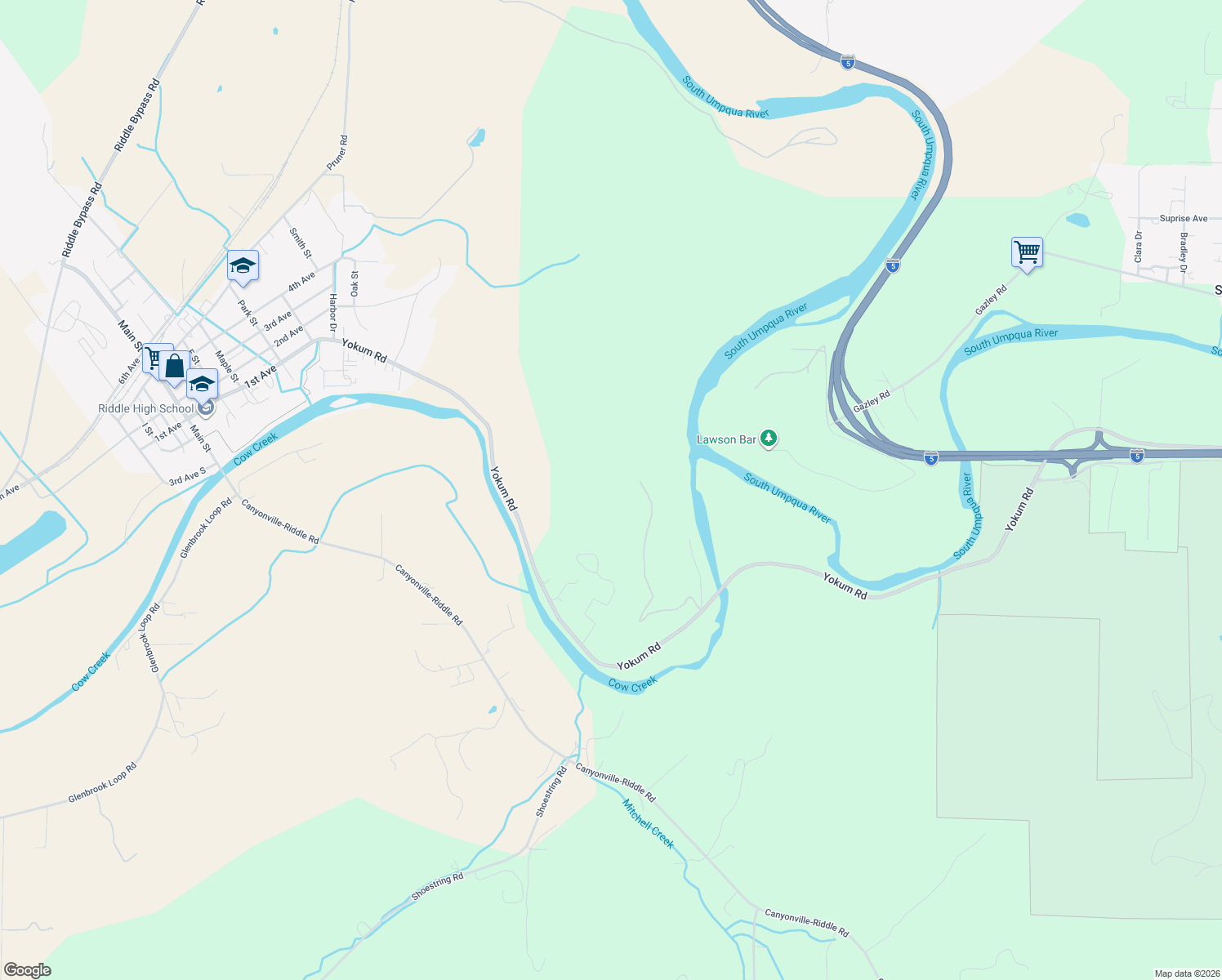 map of restaurants, bars, coffee shops, grocery stores, and more near 1263 Yokum Road in Riddle