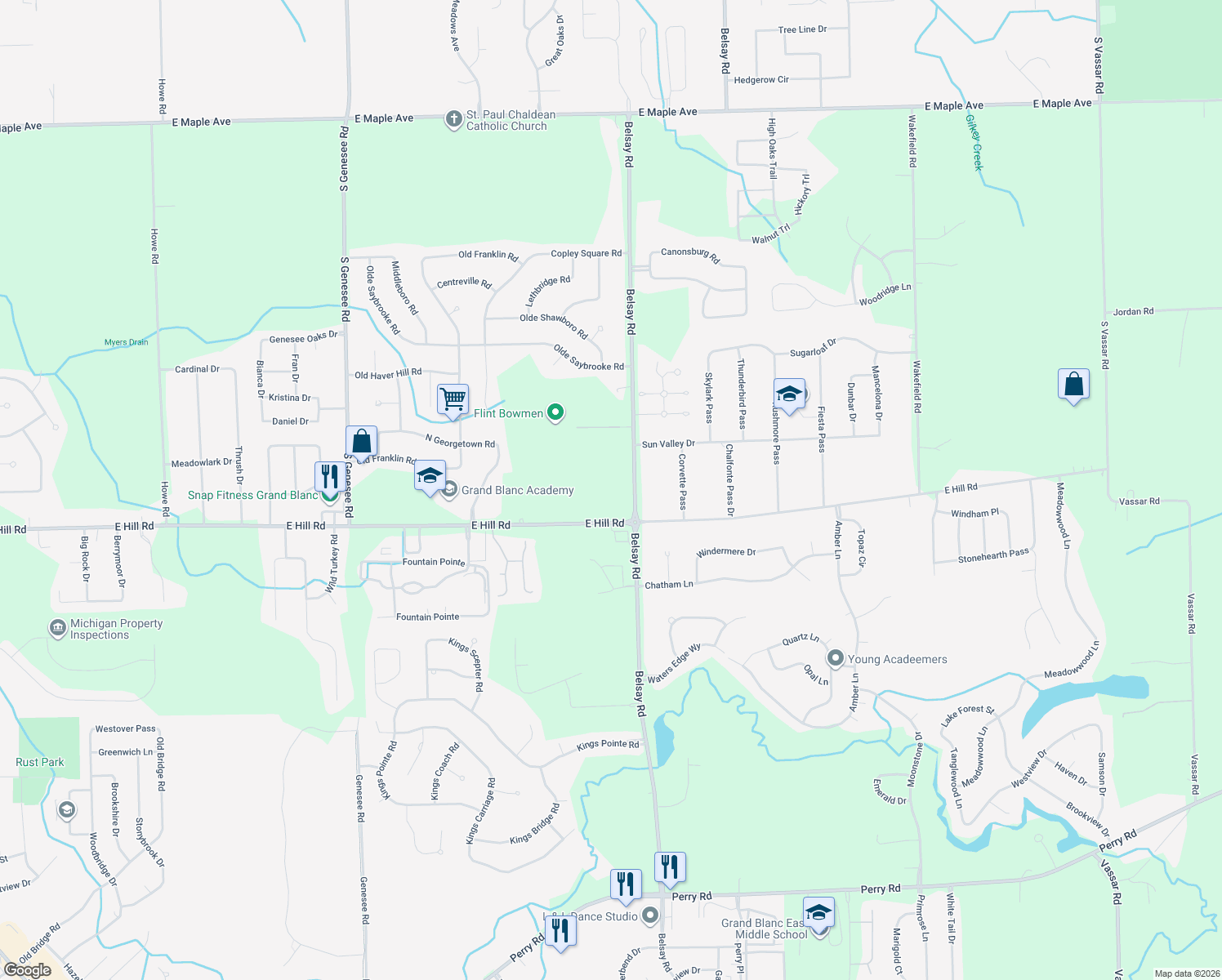 map of restaurants, bars, coffee shops, grocery stores, and more near 5363 Hill Road in Grand Blanc