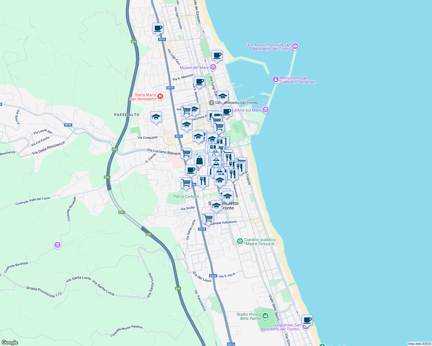 map of restaurants, bars, coffee shops, grocery stores, and more near 95A Viale Alcide de Gasperi in San Benedetto del Tronto