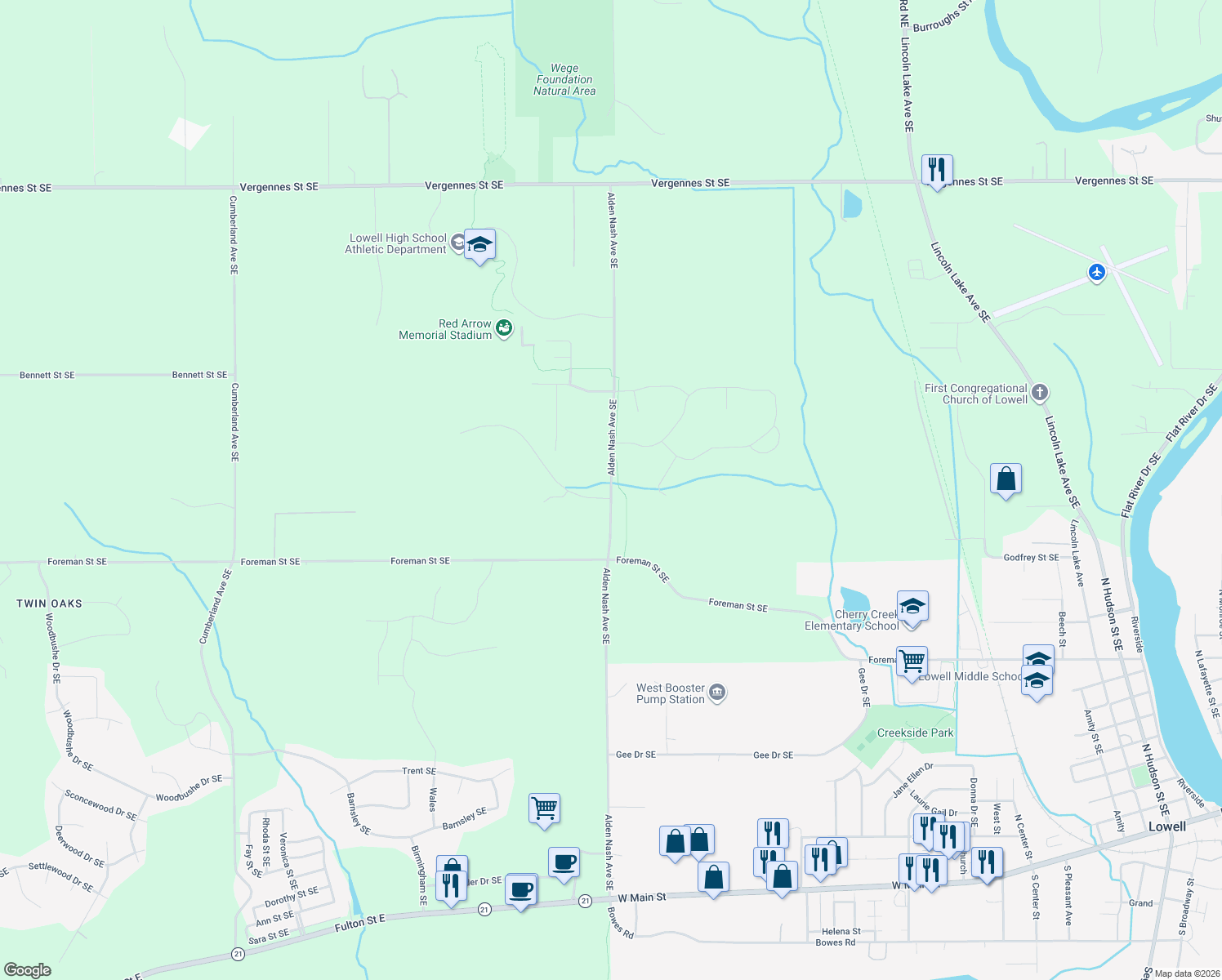 map of restaurants, bars, coffee shops, grocery stores, and more near 1073 Alden Nash Avenue Southeast in Lowell