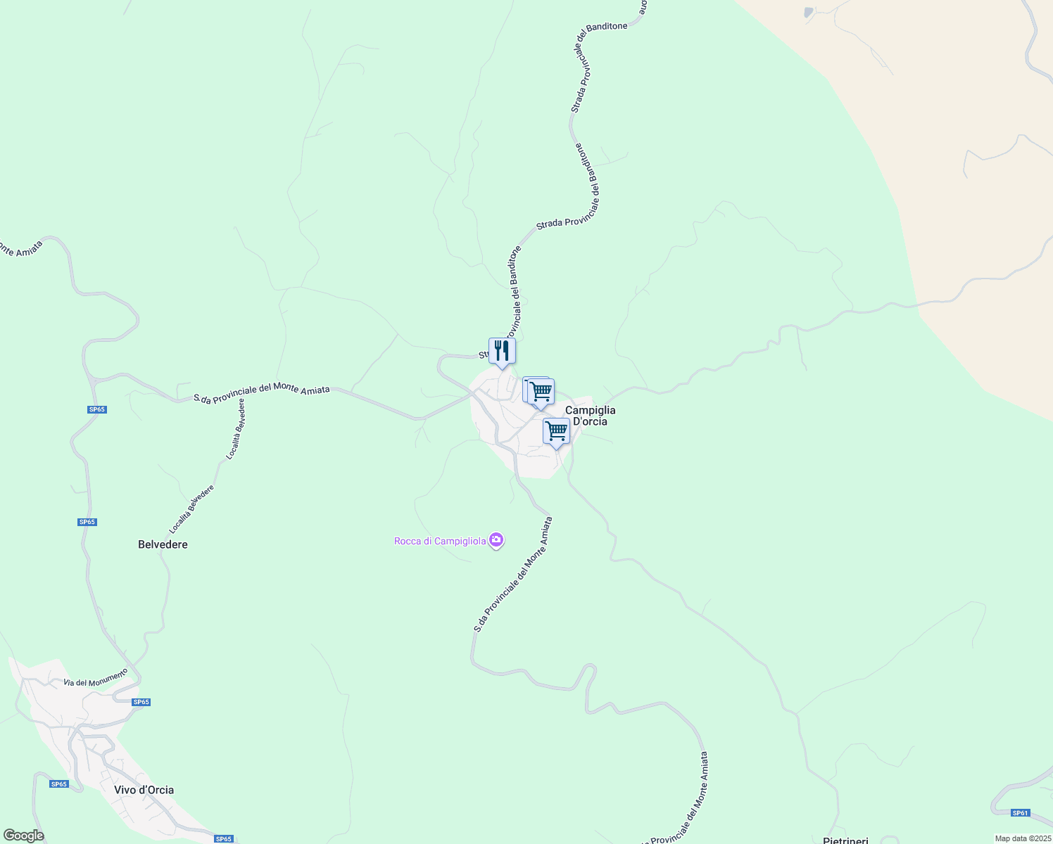 map of restaurants, bars, coffee shops, grocery stores, and more near 51 Via Santa Maria in Campiglia D'orcia