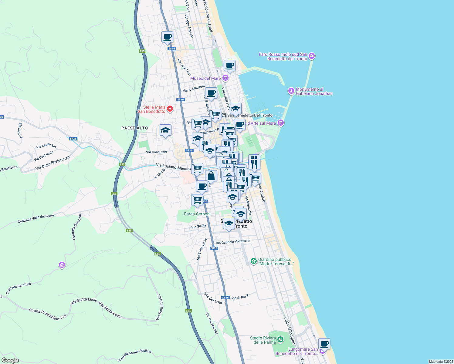 map of restaurants, bars, coffee shops, grocery stores, and more near 119 Via Sabotino in San Benedetto del Tronto