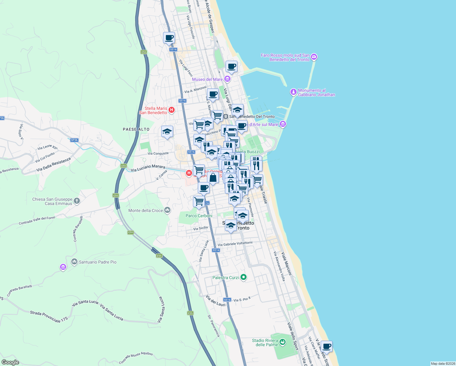 map of restaurants, bars, coffee shops, grocery stores, and more near 119 Via Sabotino in San Benedetto del Tronto